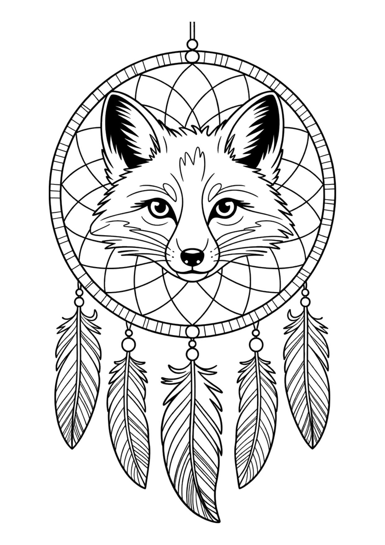 Desenho detalhado de uma raposa dentro de um filtro dos sonhos para colorir