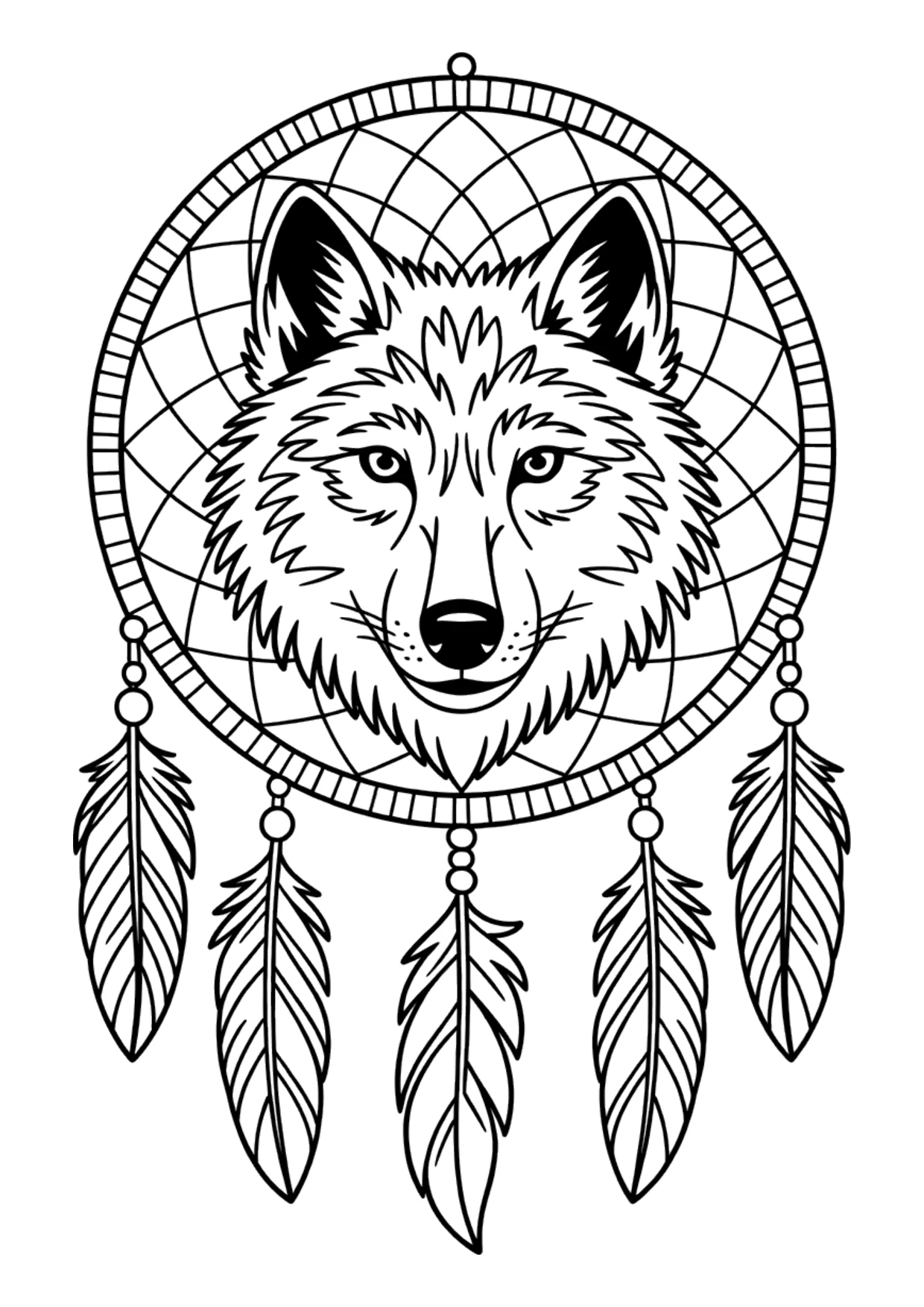 Desenho detalhado de um lobo dentro de um filtro dos sonhos para colorir
