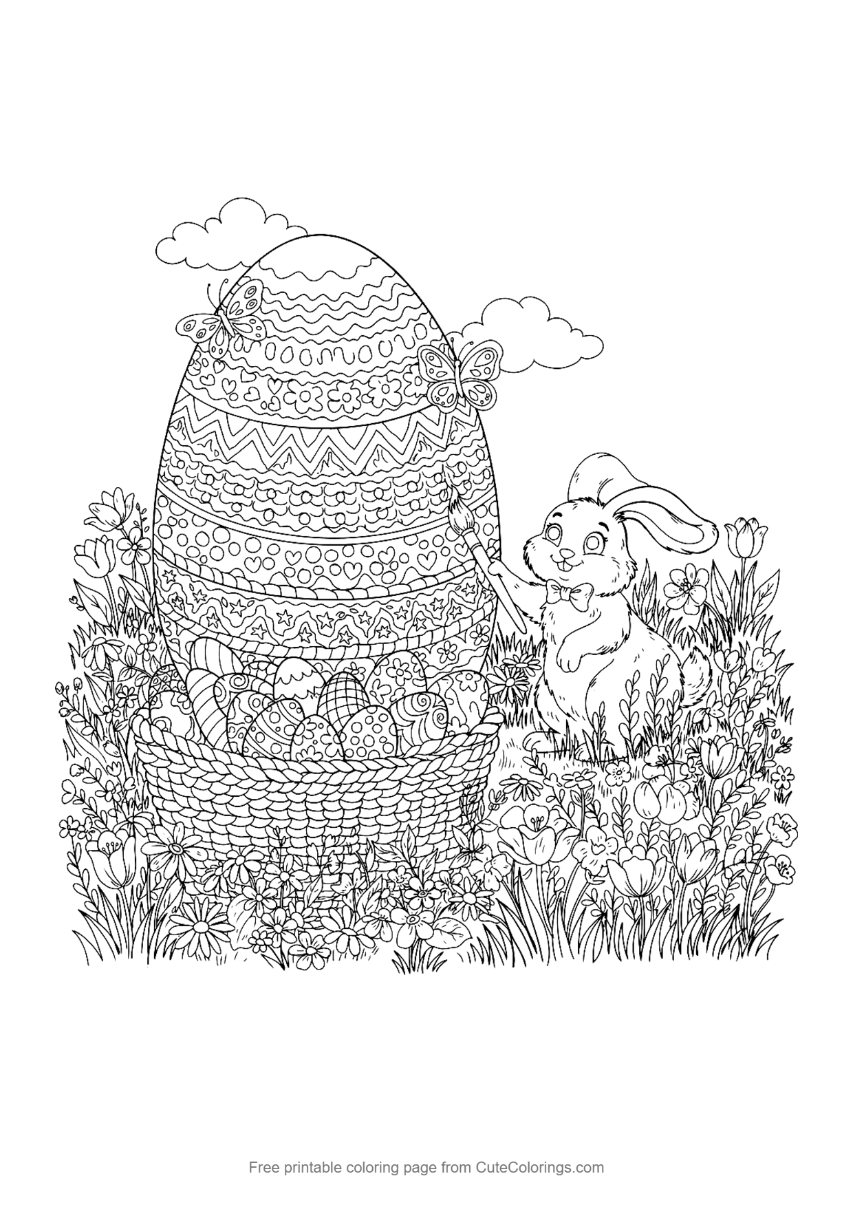 Coloring page for kids of an Easter bunny beside a giant patterned egg and a basket of eggs