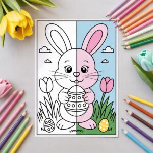 Easter bunny coloring page half colored in pastel colors with colored pencils