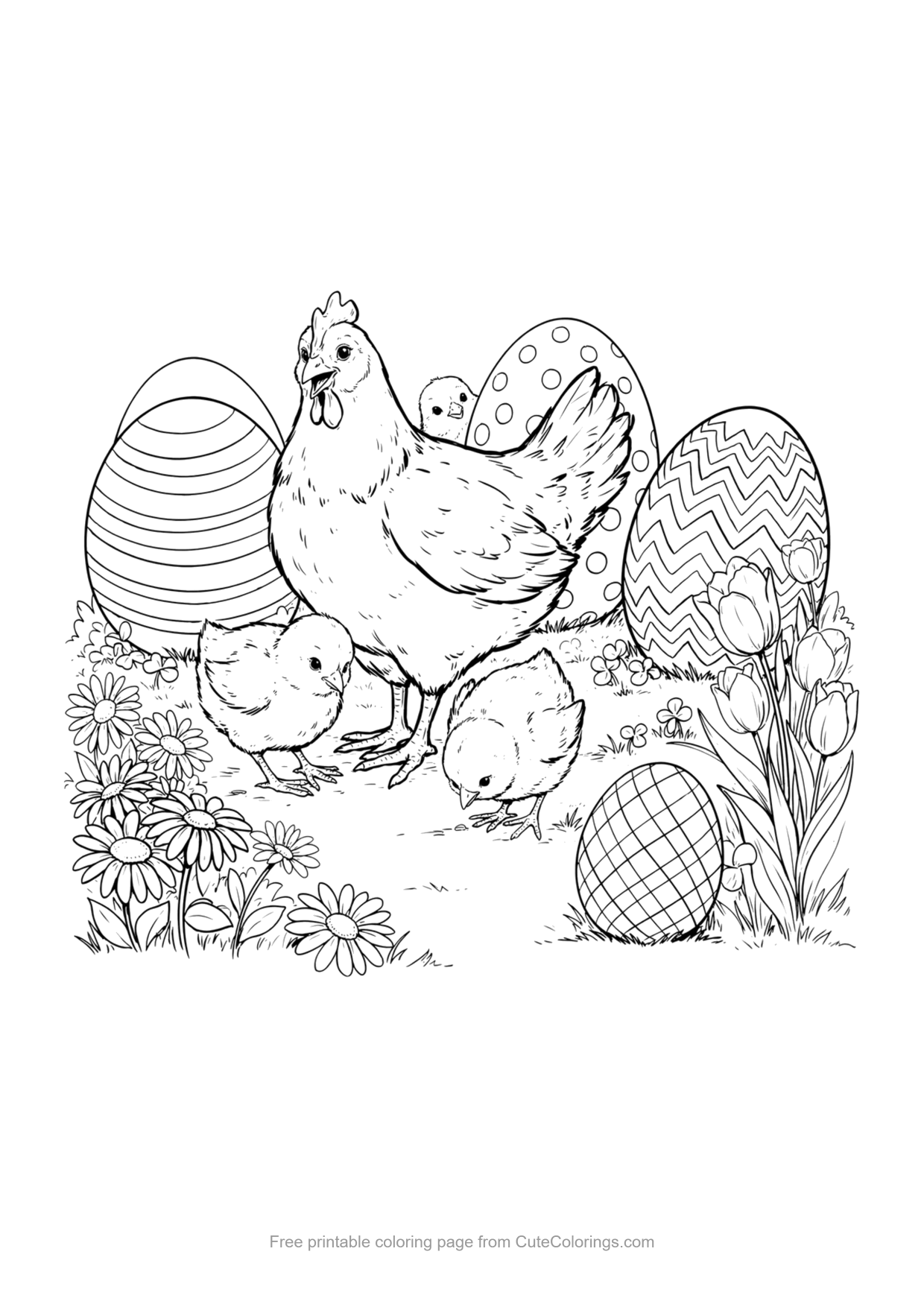 Easter chicken coloring page of a hen and chicks with patterned eggs and flowers