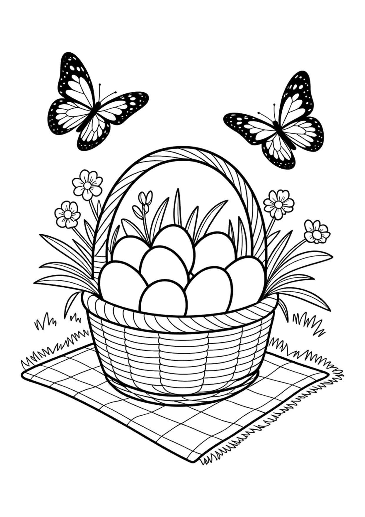 Coloring page of an Easter basket on a picnic blanket