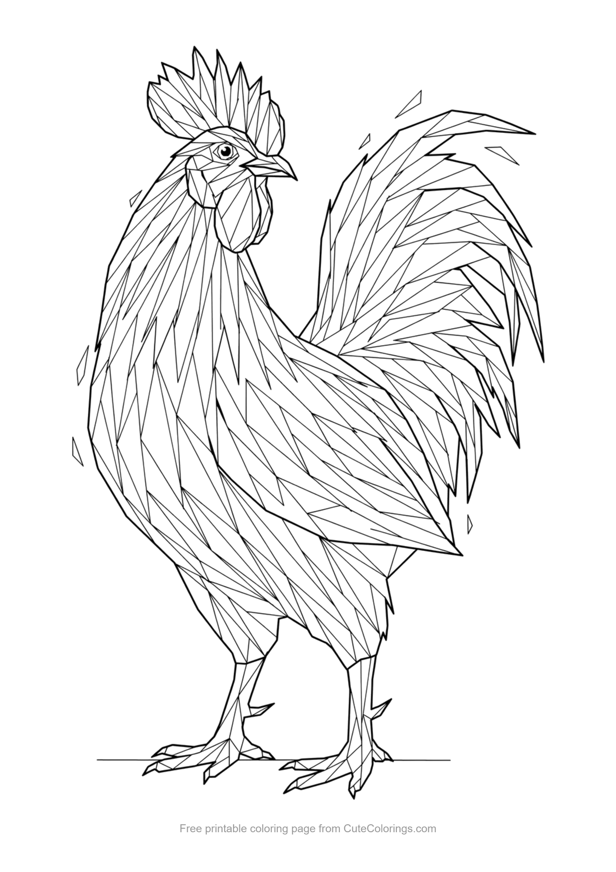 Detailed line art rooster coloring page with sketched feathers for teens and adults