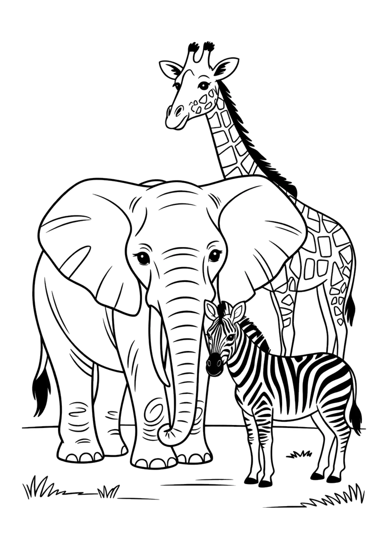 Dibujo para colorear para niños de un elefante con una jirafa y una cebra