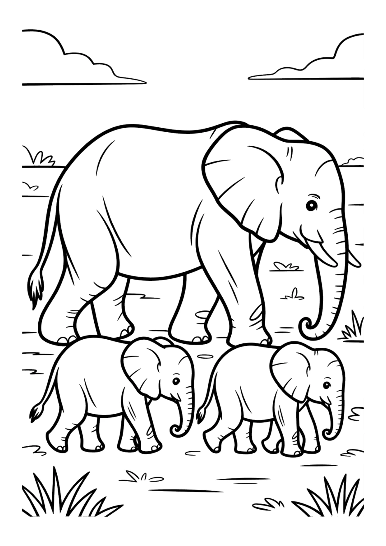 Dibujo para colorear para niños de una familia de elefantes cruzando la sabana