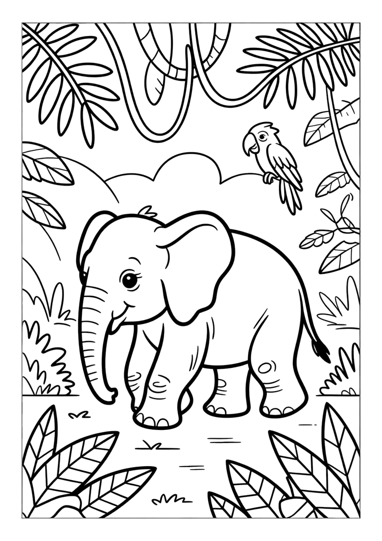 Dibujo para colorear para niños de un elefante joven caminando por la selva