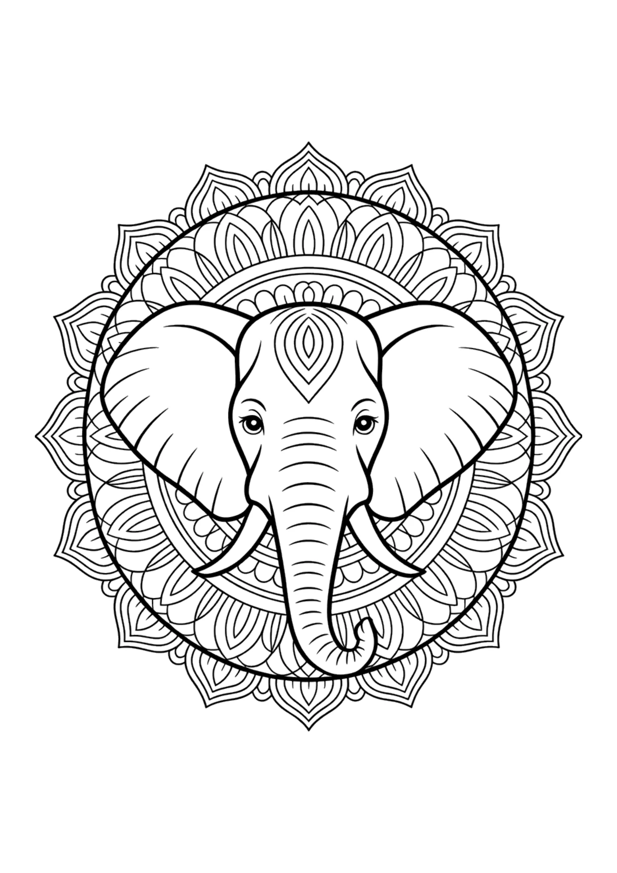 Dibujo detallado para colorear de un mandala de elefante para adultos
