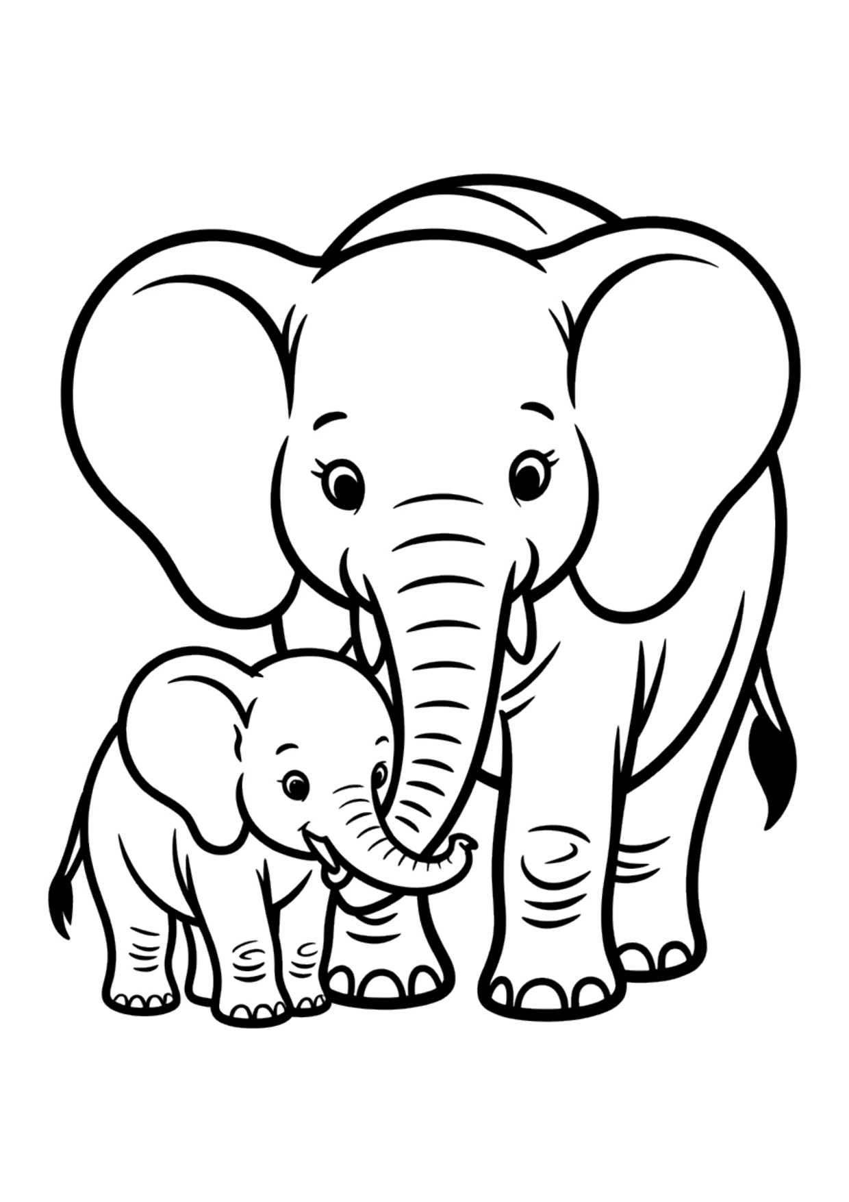 Dibujo fácil para colorear de una elefanta y su cría agarradas de las trompas