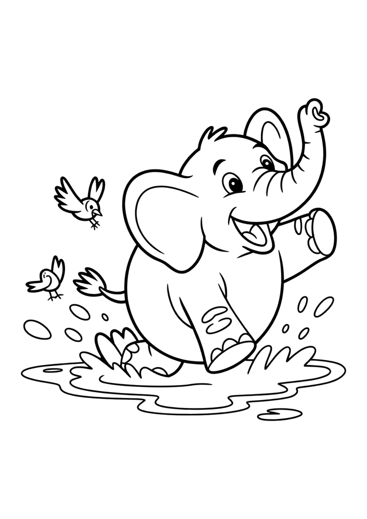 Dibujo para colorear para niños de un elefante feliz jugando en el barro