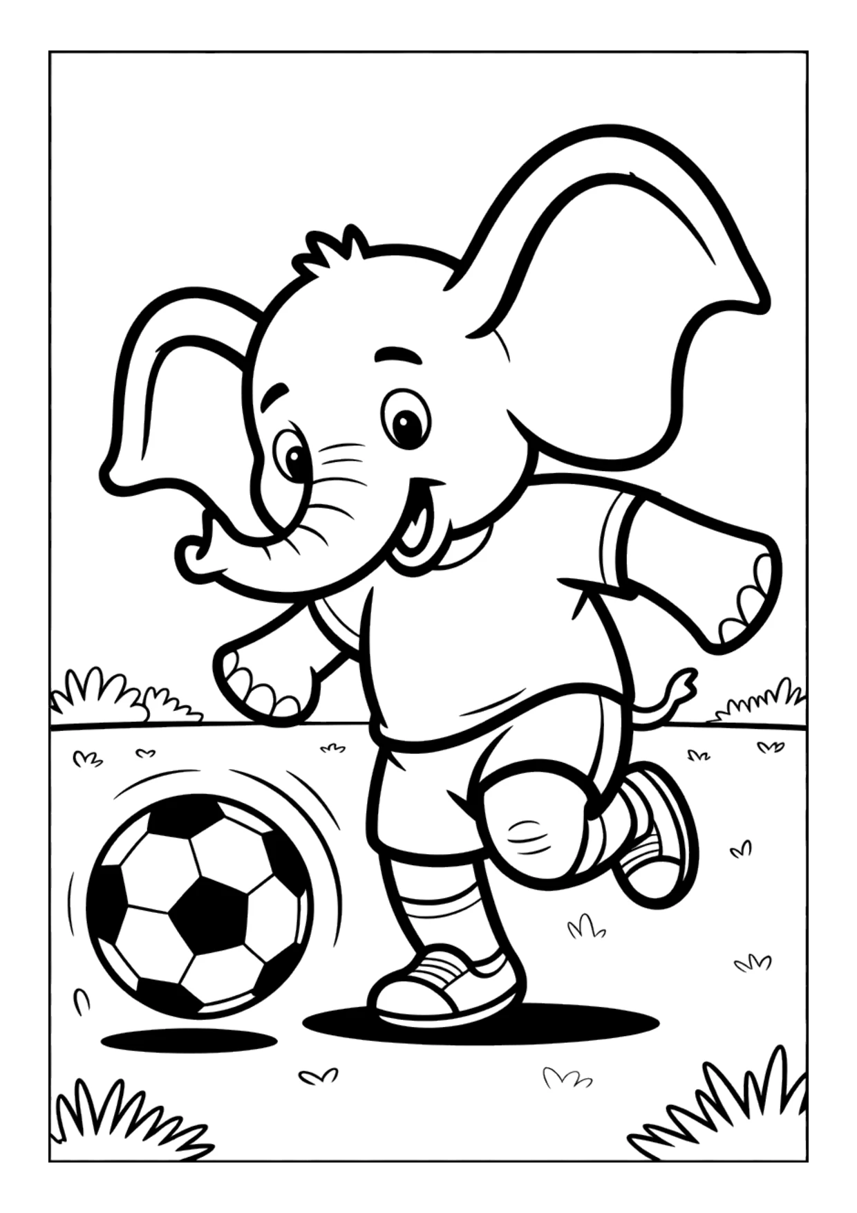 Dibujo para colorear para niños de un elefante de dibujos animados jugando al fútbol