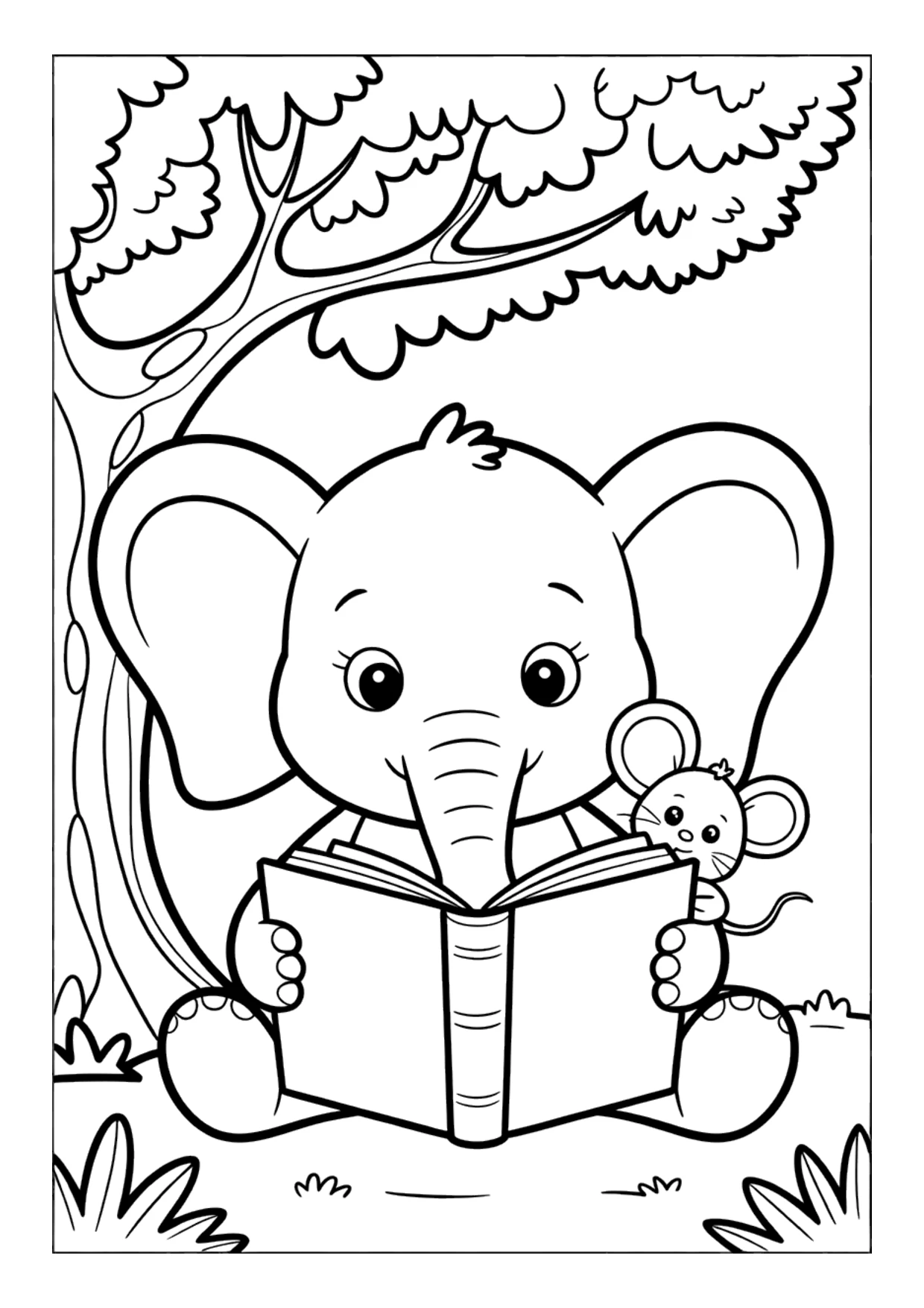 Dibujo para colorear para niños de un elefante leyendo un libro con un ratón