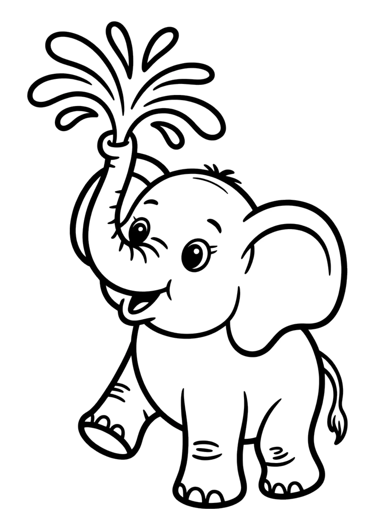 Dibujo fácil para colorear de un elefante lanzando agua con la trompa