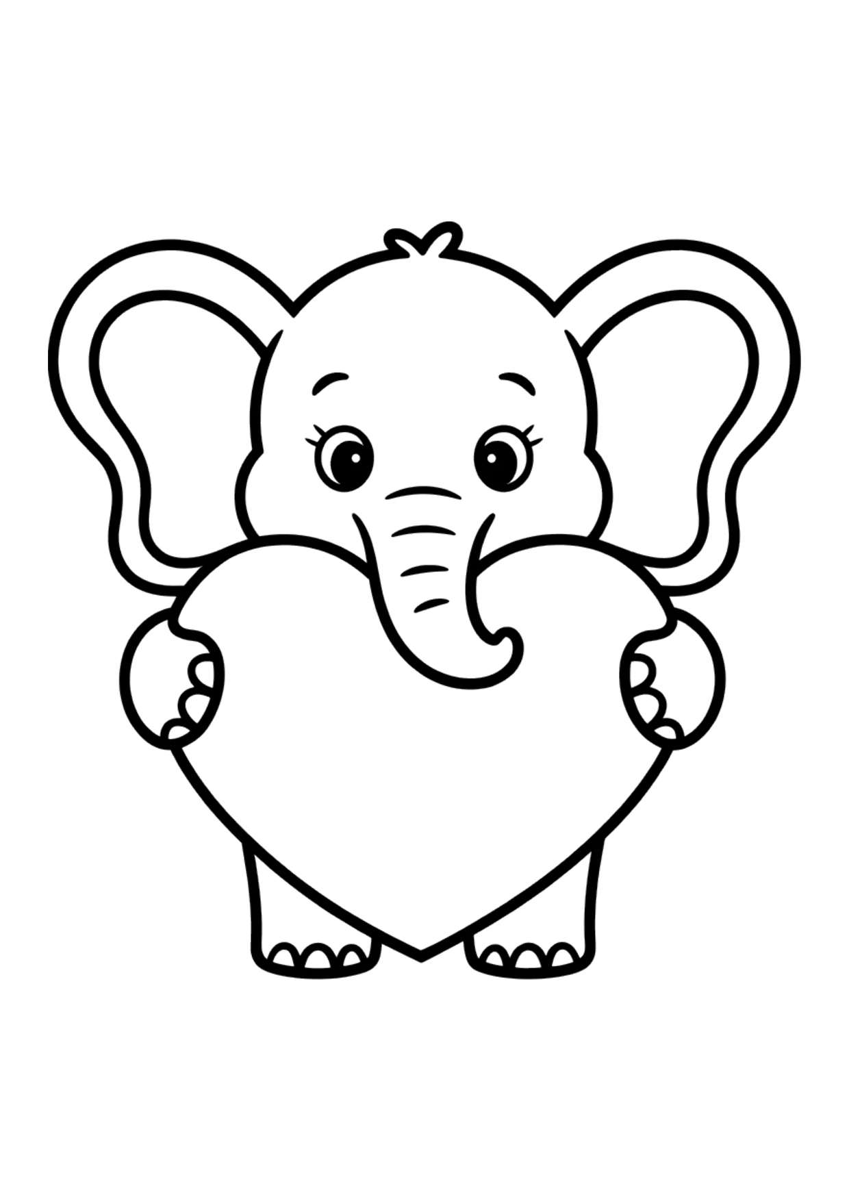 Dibujo fácil para colorear de un elefante abrazando un gran corazón
