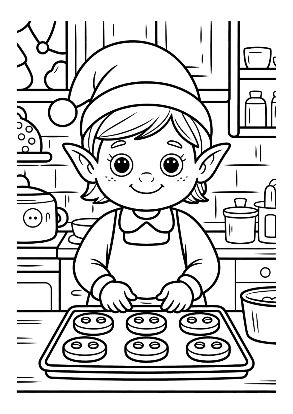 Dibujo para niños de un duende horneando galletas para colorear