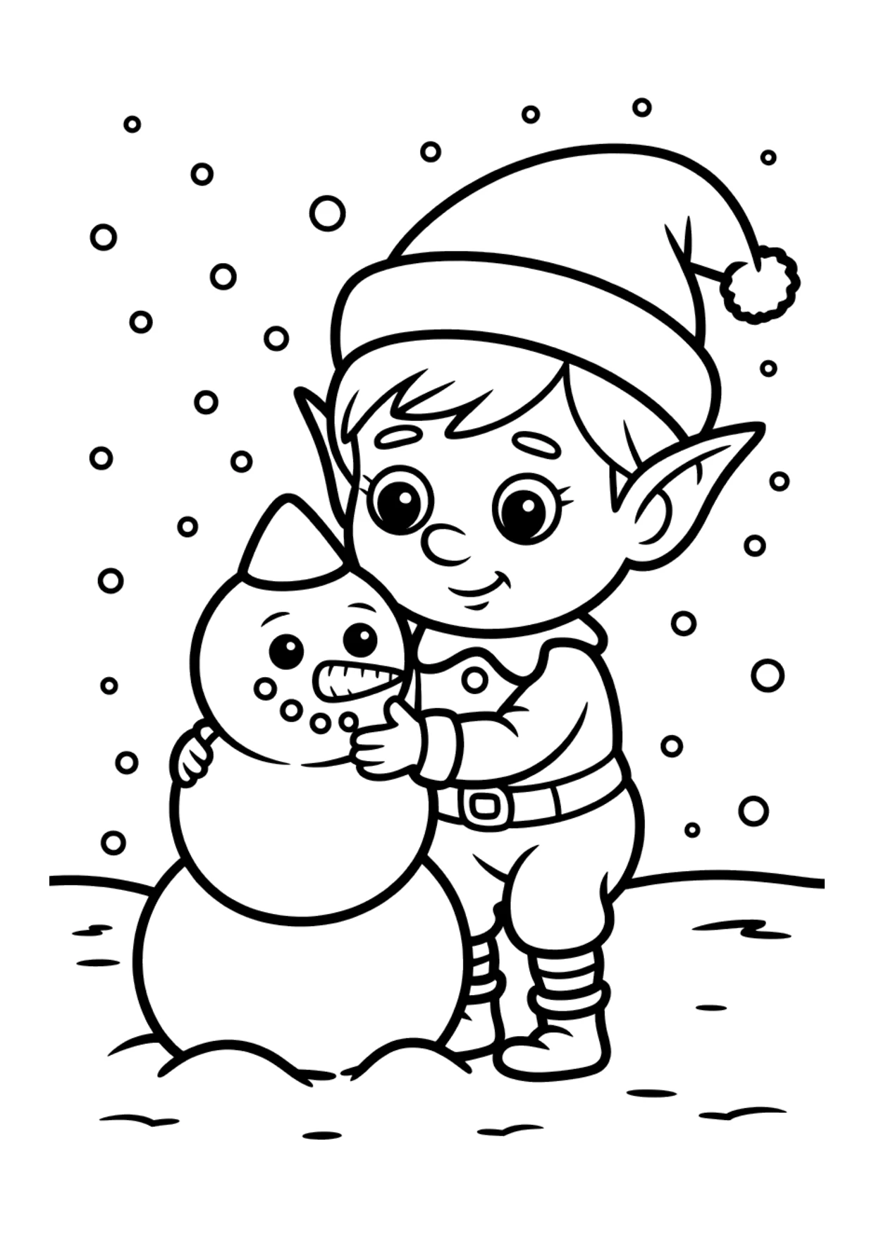 Dibujo para niños de un duende haciendo un muñeco de nieve para colorear