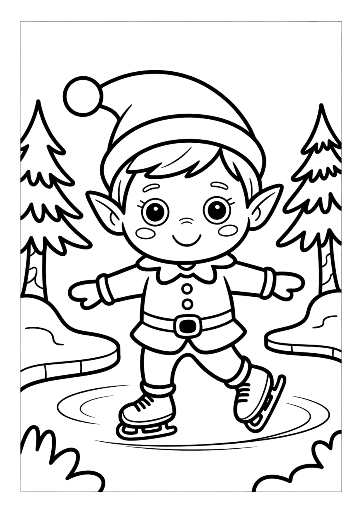 Dibujo para niños de un duende patinando sobre hielo para colorear