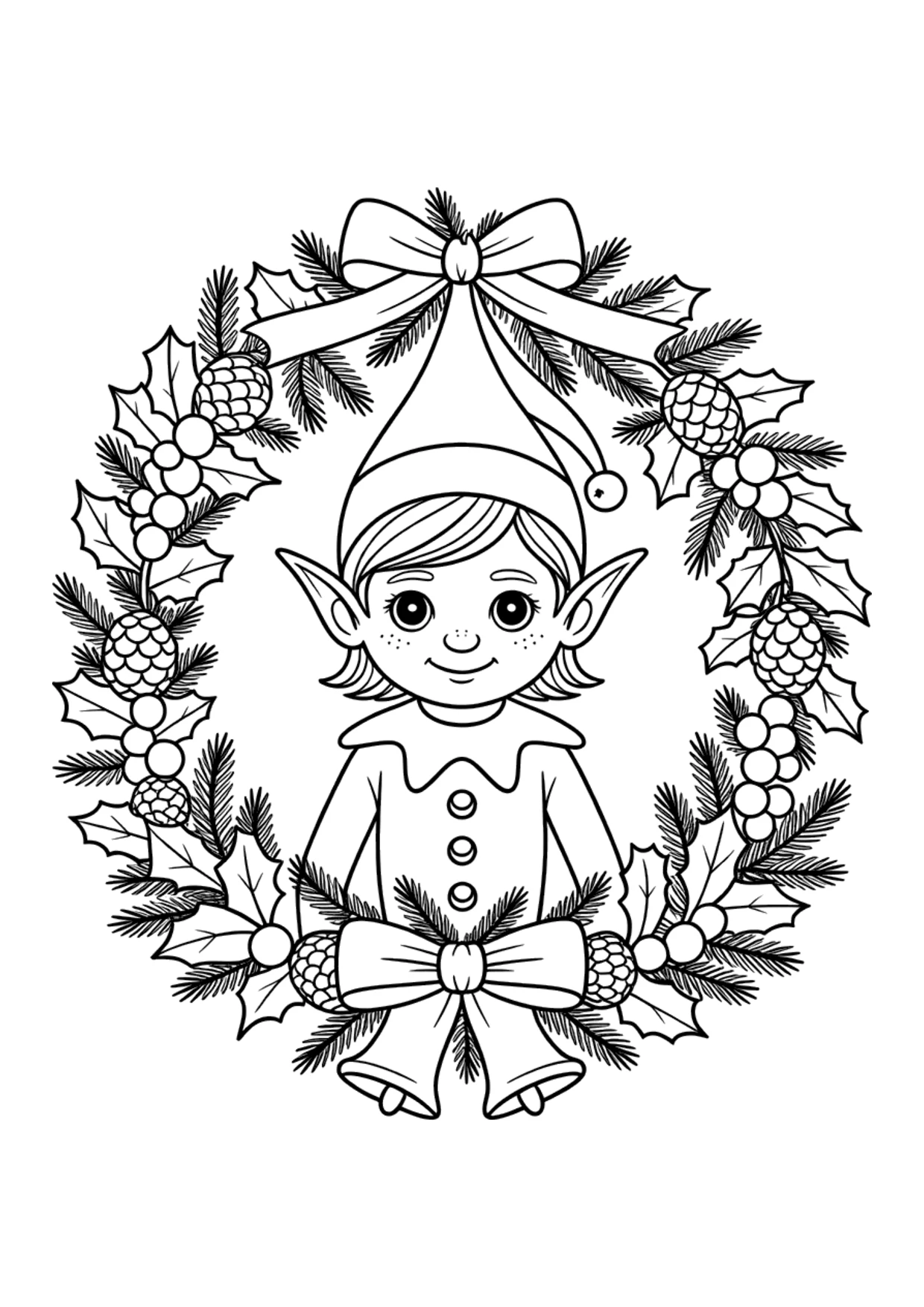 Dibujo detallado de un duende en una corona de acebo para colorear