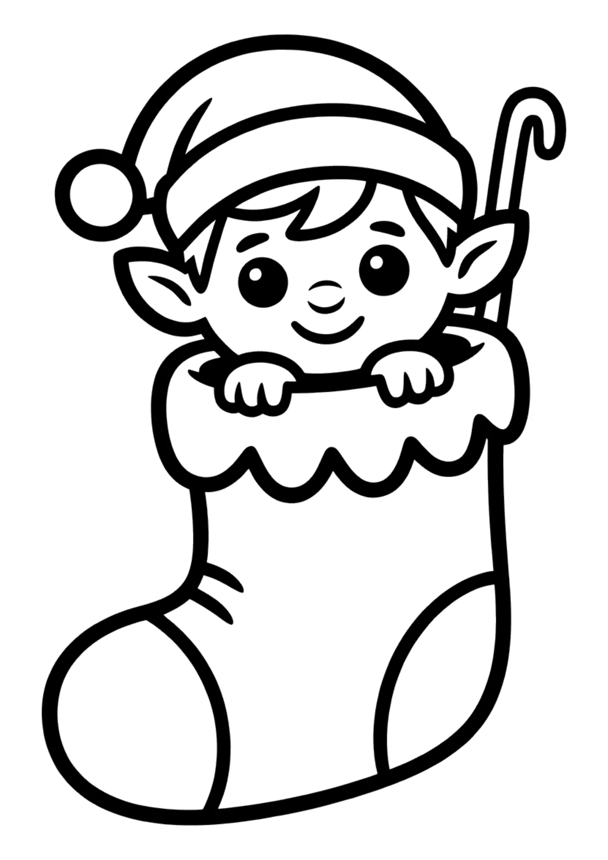 Dibujo fácil de un duende en una media navideña para colorear