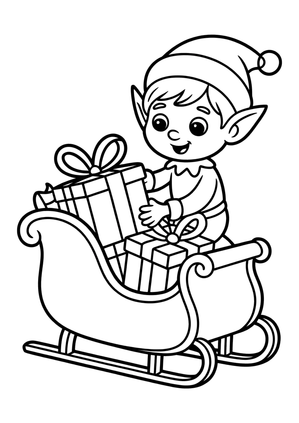 Dibujo para niños de un duende cargando un trineo con regalos para colorear