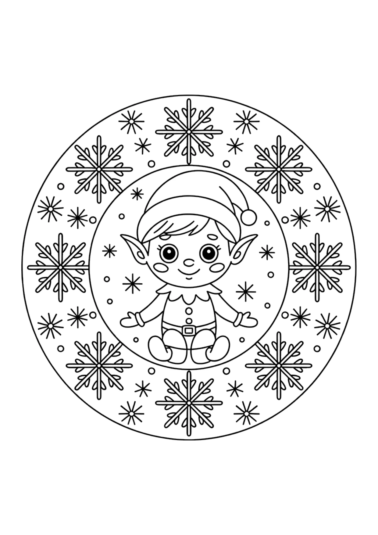 Dibujo de un mandala de duende con copos de nieve y acebo para colorear, para adultos