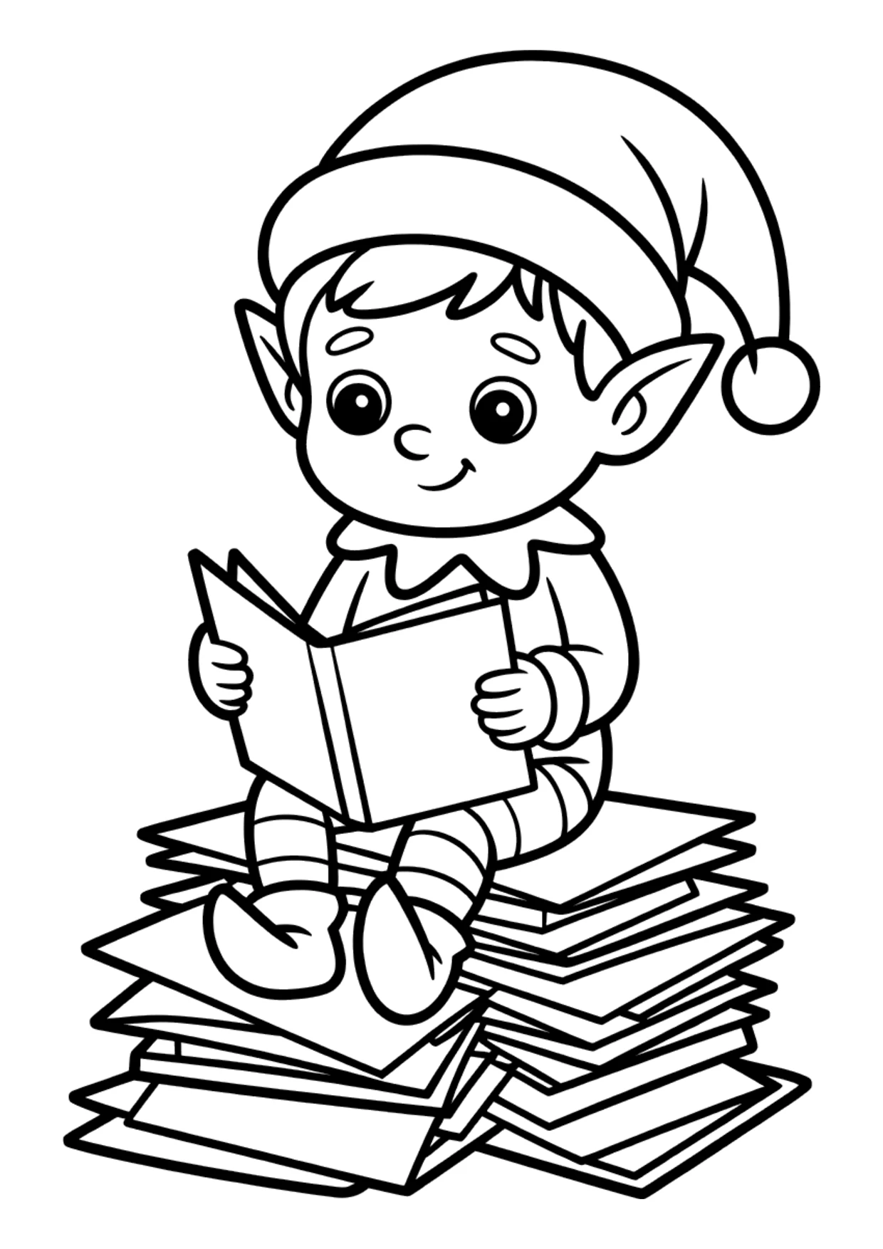 Dibujo para niños de un duende leyendo cartas de Navidad para colorear