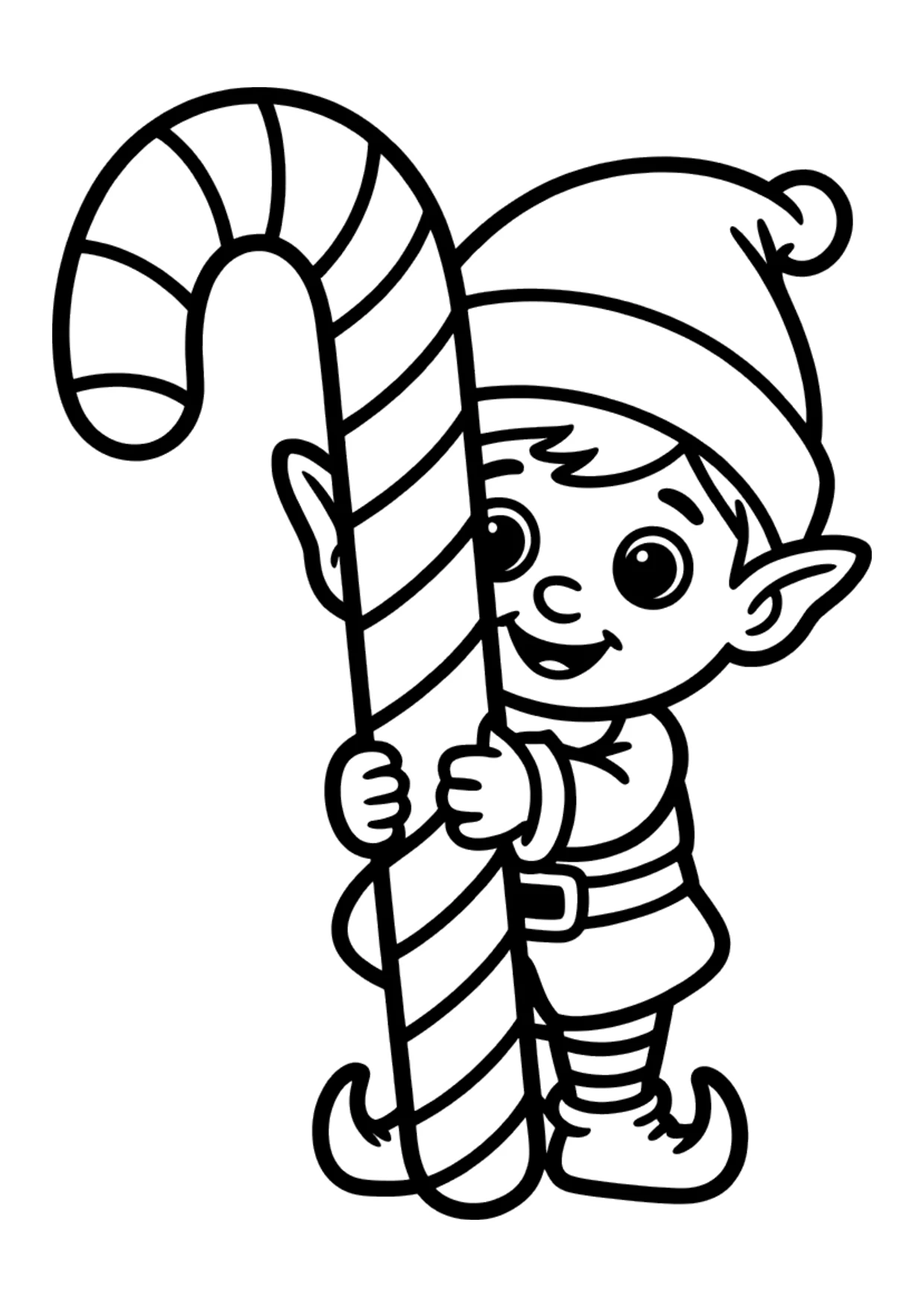 Dibujo fácil de un duende con un bastón de caramelo para colorear