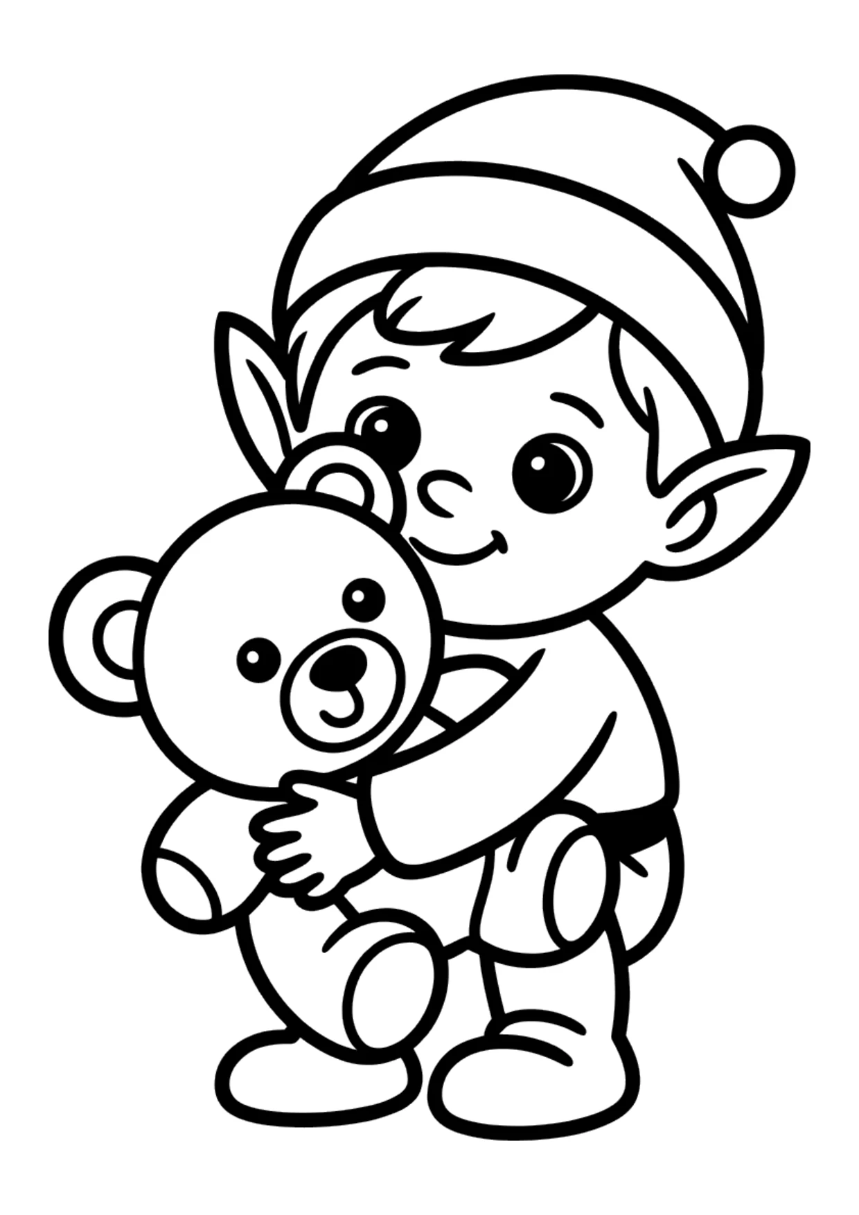Dibujo fácil de un duende abrazando un osito de peluche para colorear