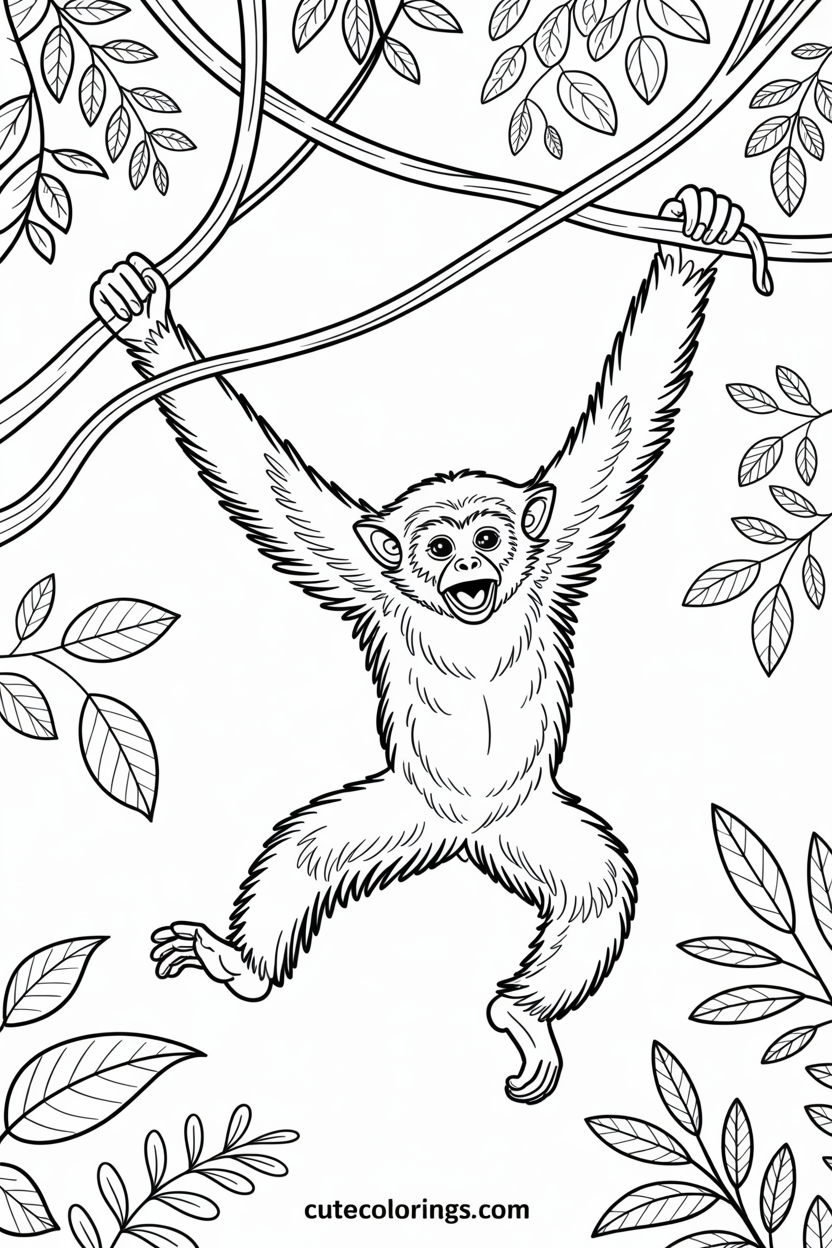 A wide-armed gibbon calls out while swinging freely