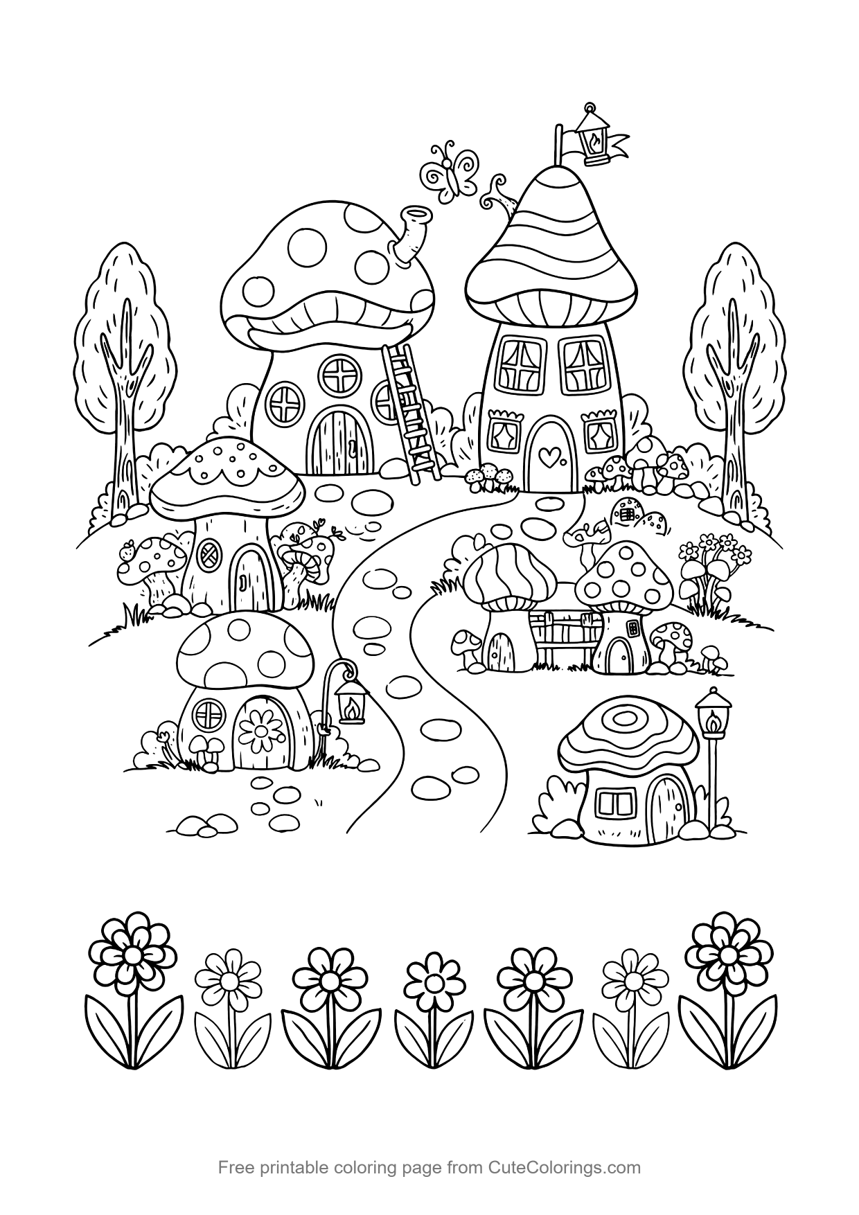 Coloring page for kids of a fairy village of mushroom houses with ladders and lanterns