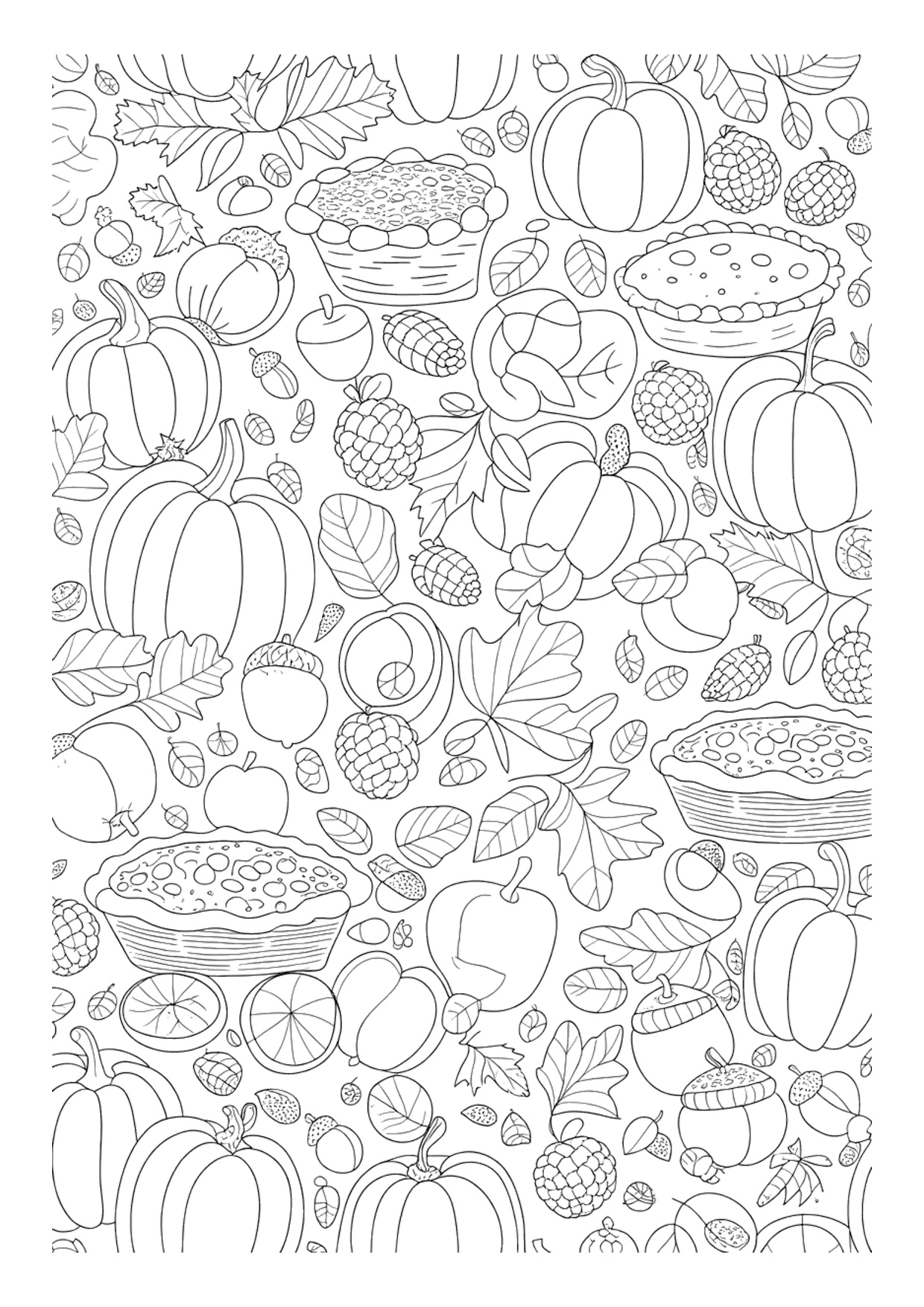 Detailliertes Ausmalbild mit herbstlichem Erntemuster aus Kürbissen, Blättern, Eicheln, Äpfeln und Kuchen