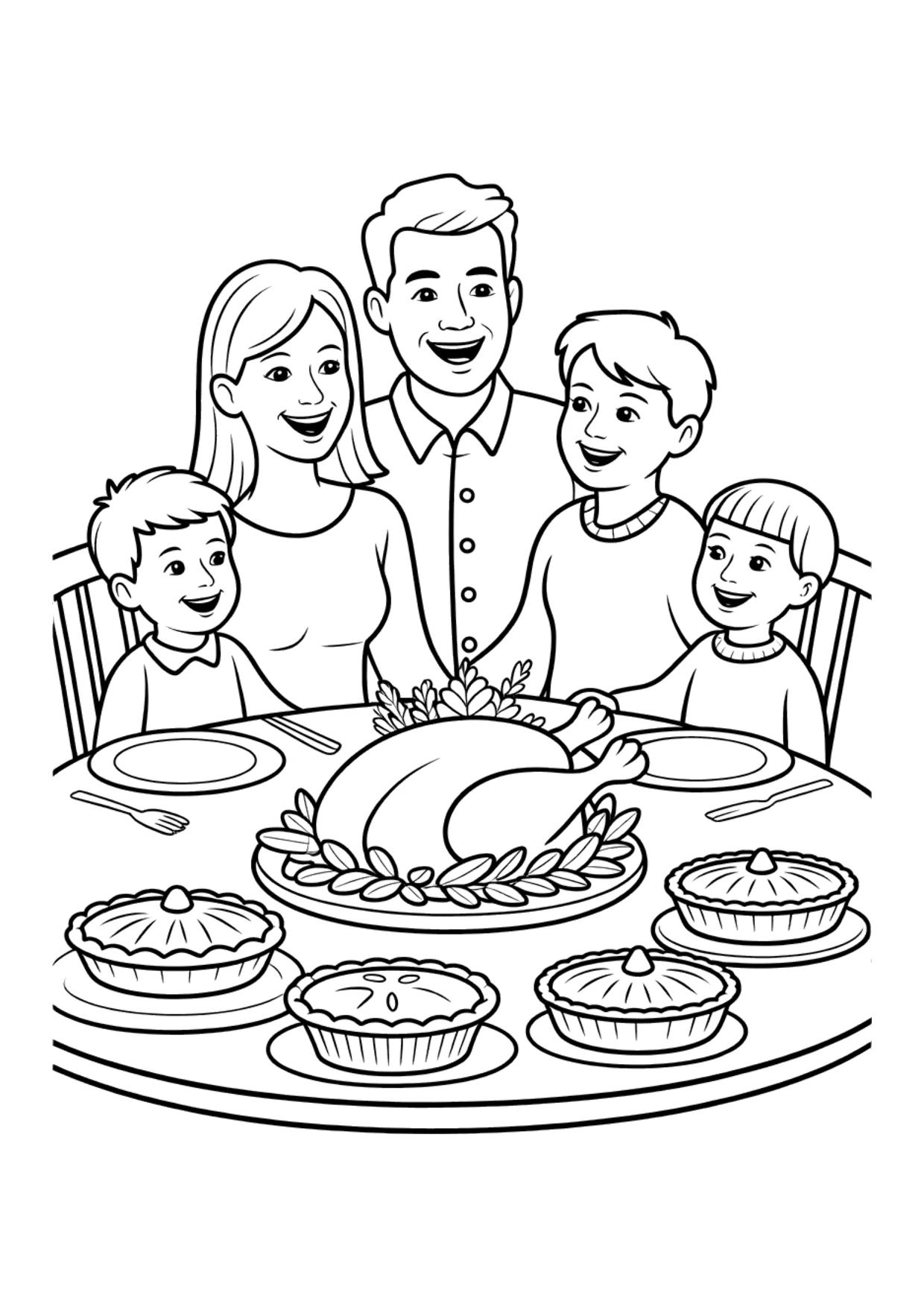 Thanksgiving Ausmalbild für Kinder: Familie am Esstisch mit Truthahnbraten und Kuchen