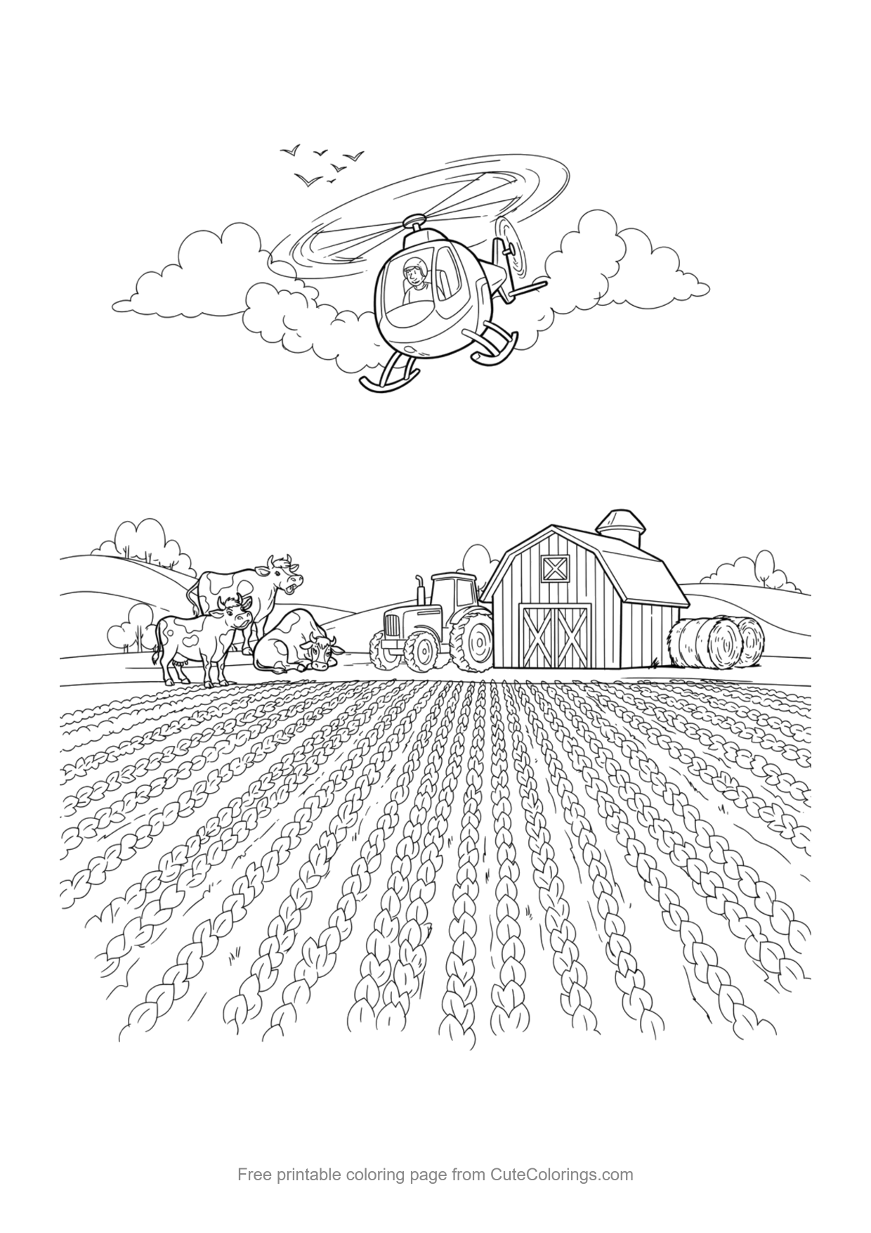 Coloring page for kids of a farm helicopter flying over crops, a barn and cows