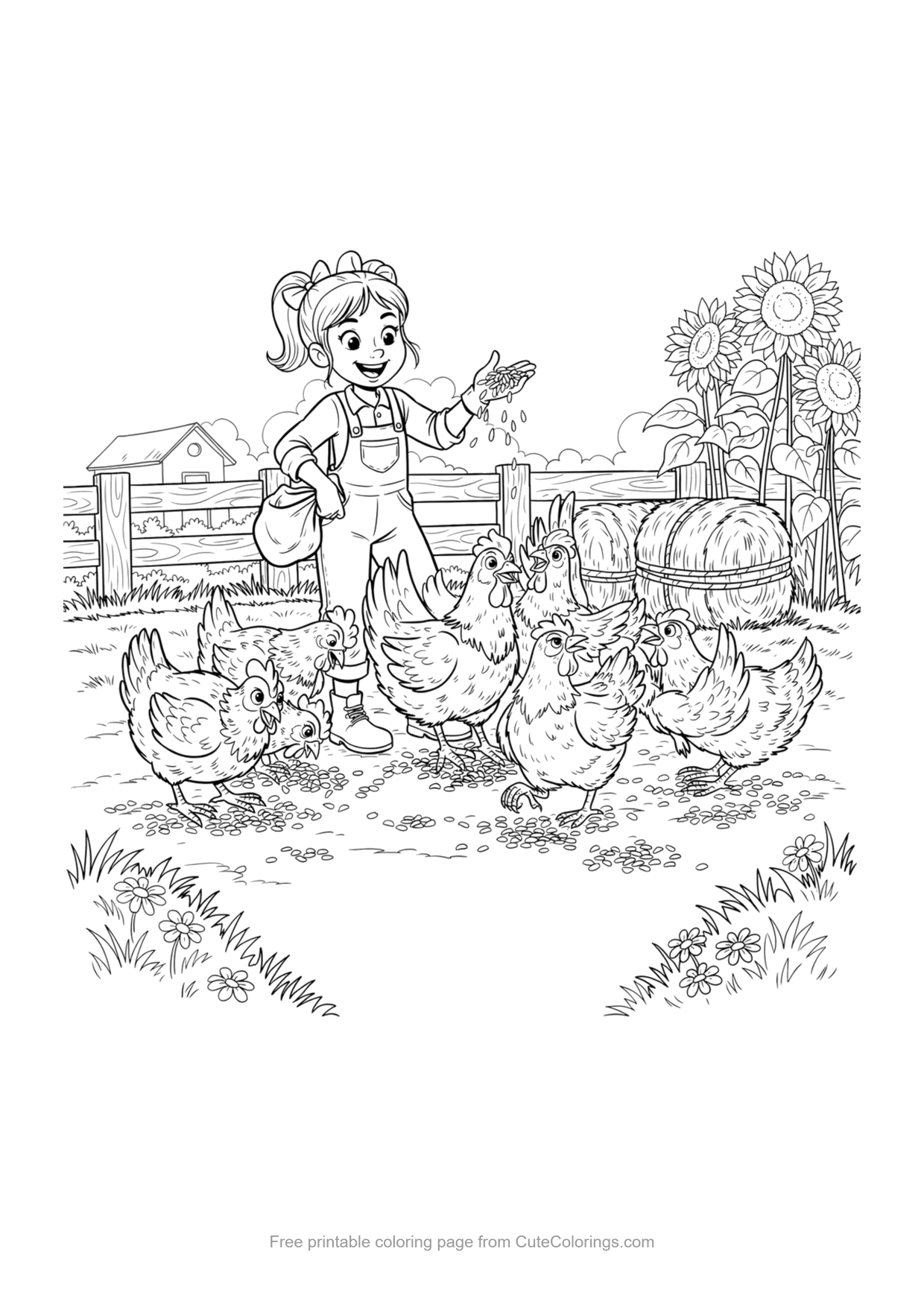 Coloring page of a farm girl in overalls scattering grain to hungry chickens