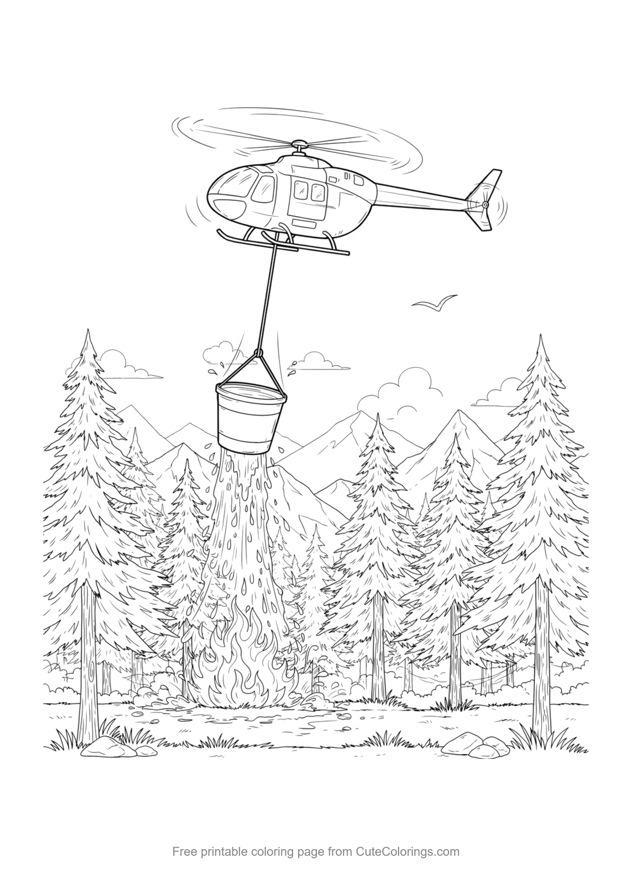 Coloring page for kids of a firefighting helicopter dropping water on a forest fire