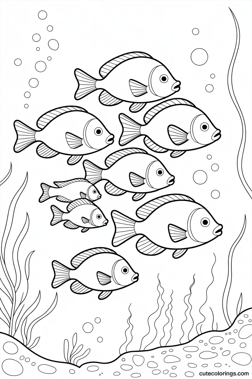 Group of fish swimming together with seaweed scene