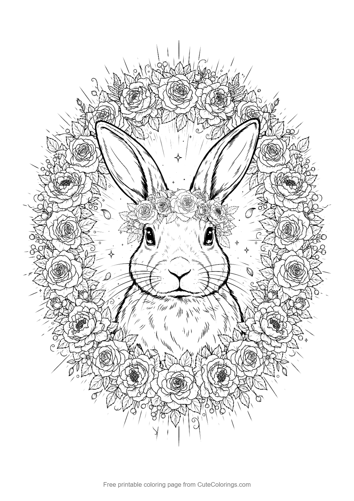 Detailed coloring page for adults of a bunny portrait inside a wreath of roses, peonies and leaves