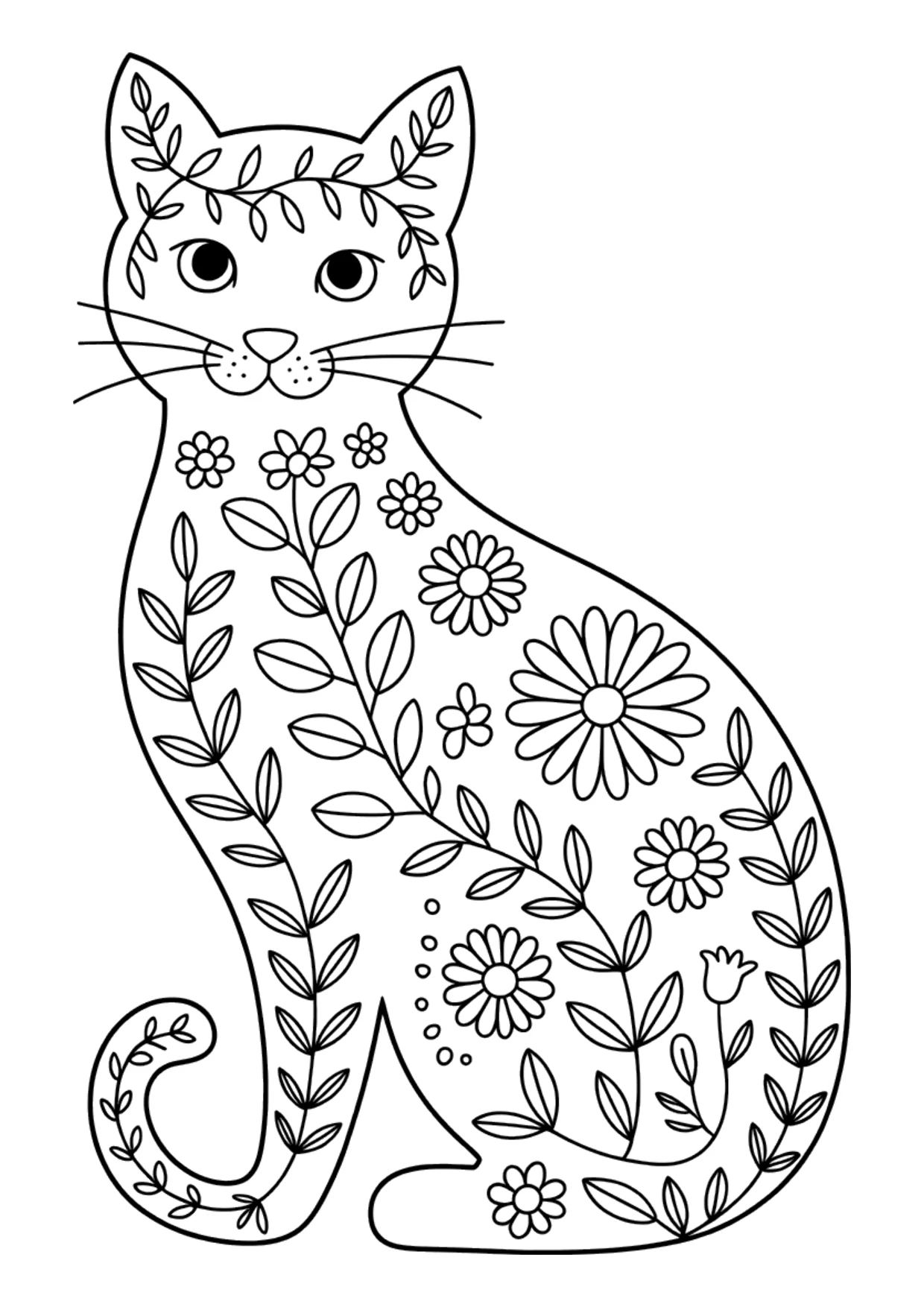 Coloriage détaillé d'un chat fleuri pour adultes