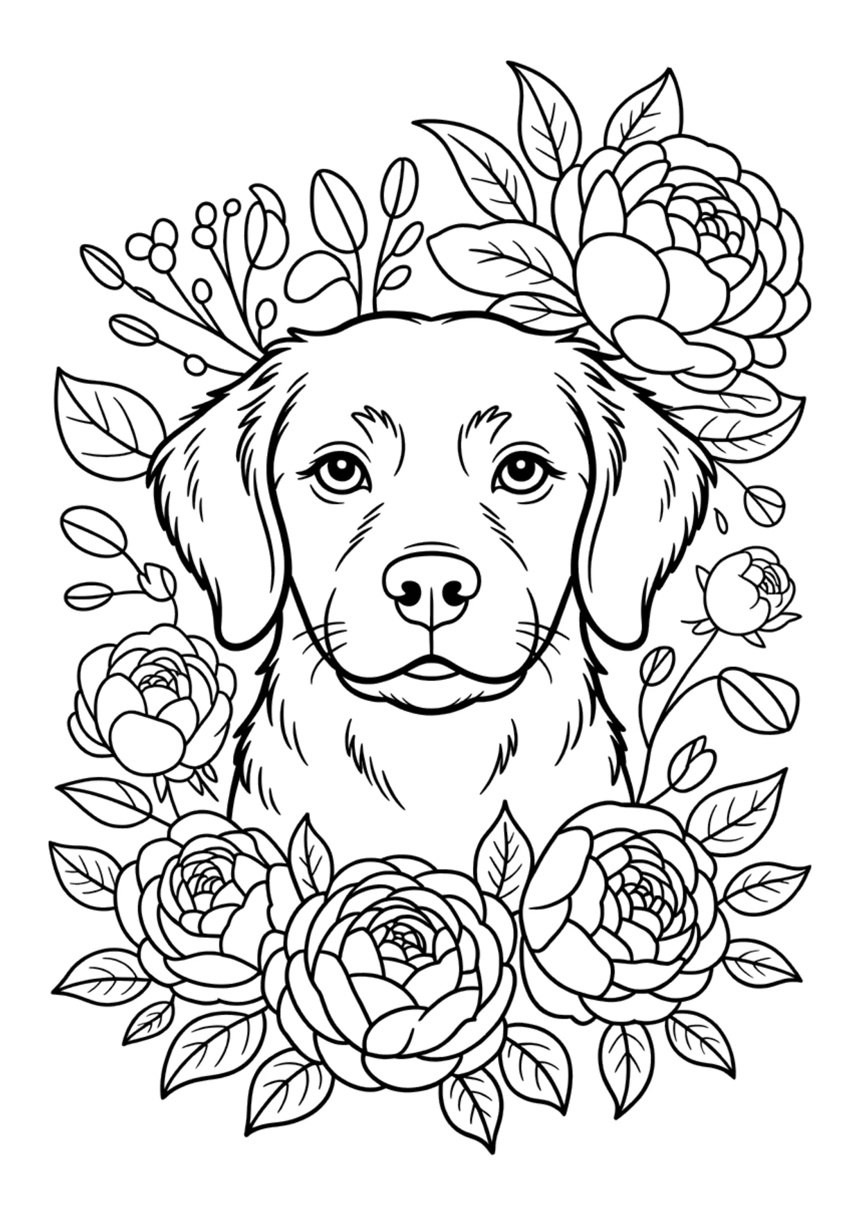 Coloriage détaillé fleuri d'un portrait de chien