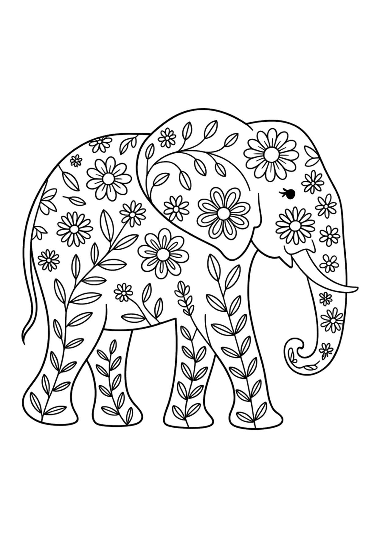 Dibujo detallado para colorear de un elefante con flores para adultos
