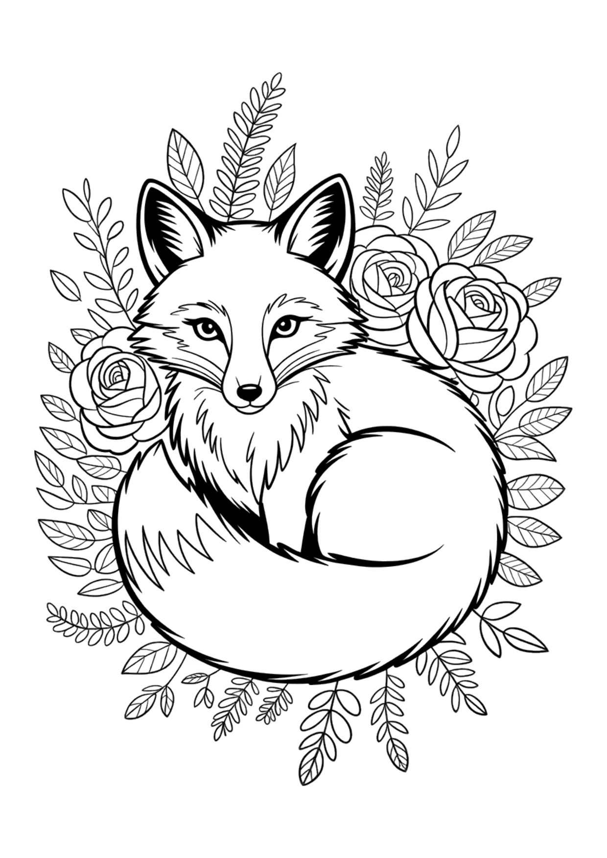 Desenho detalhado floral de uma raposa para colorir