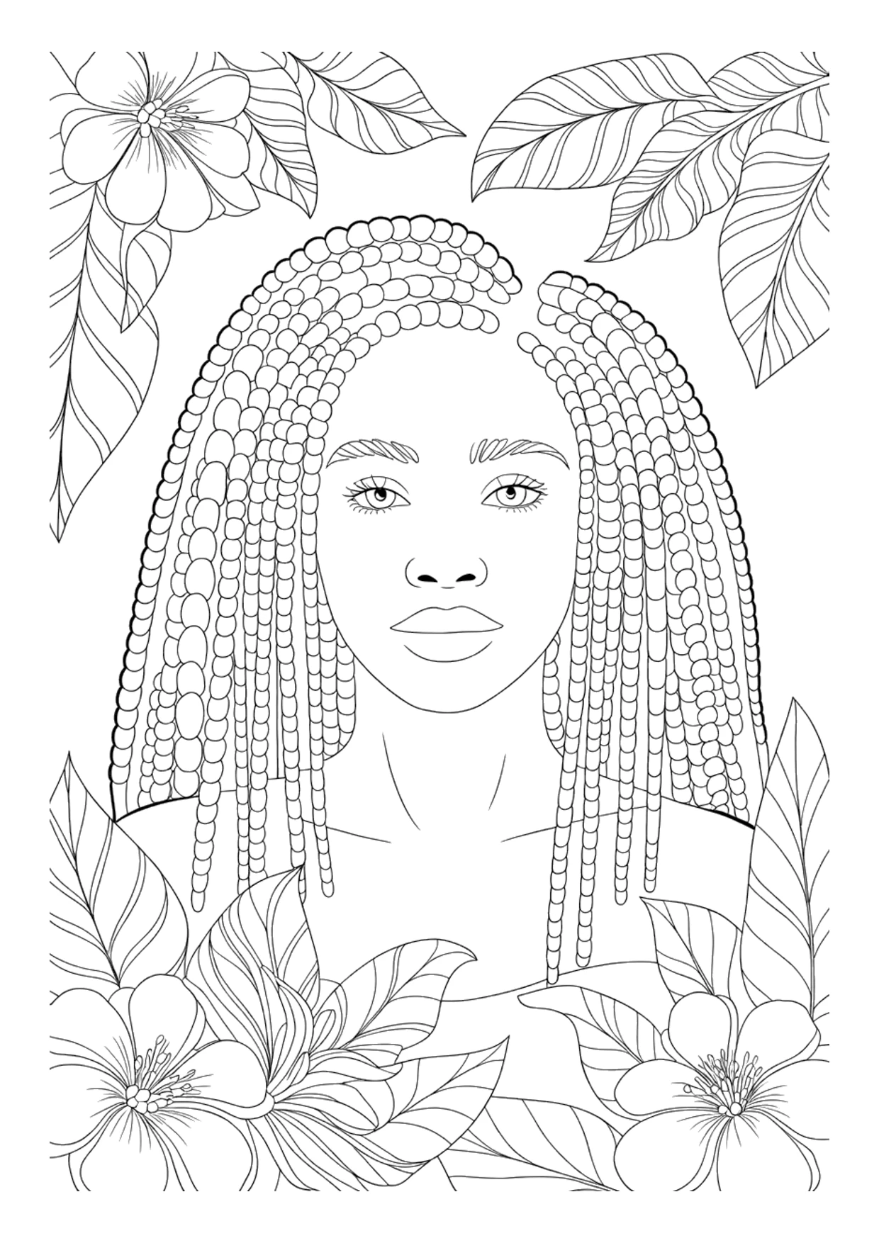 Detailed floral coloring page of a Black woman with locs