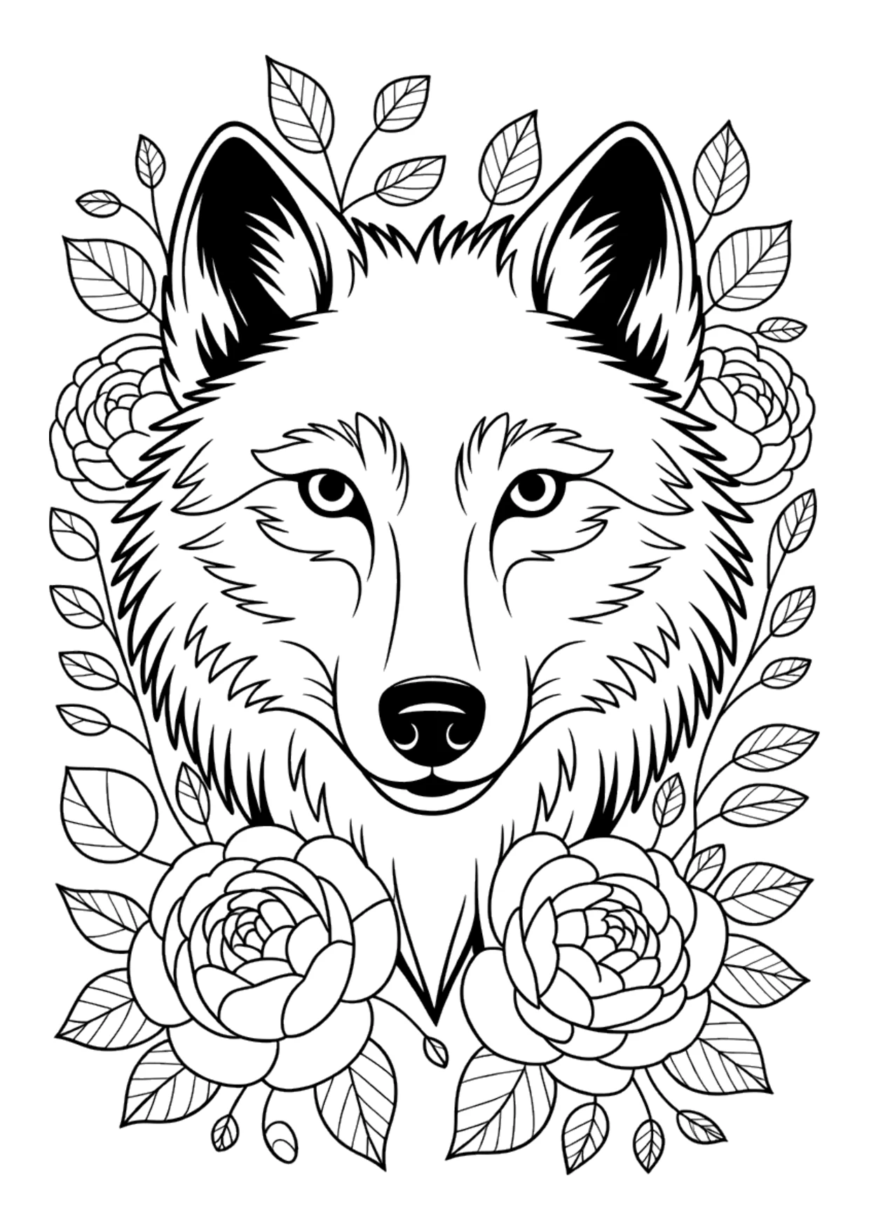 Desenho detalhado floral de um lobo para colorir