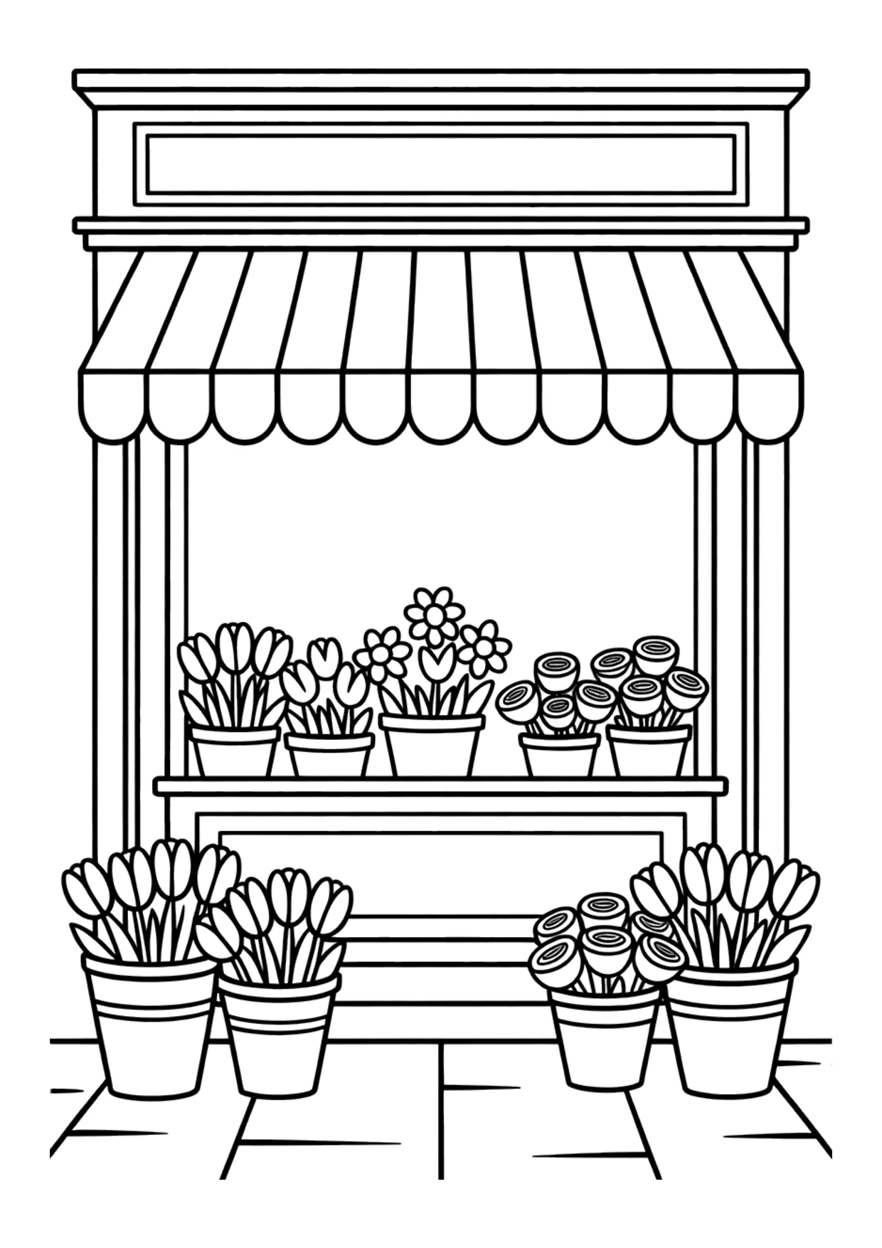 Coloriage pour enfants d&rsquo;une petite boutique de fleurs avec un auvent