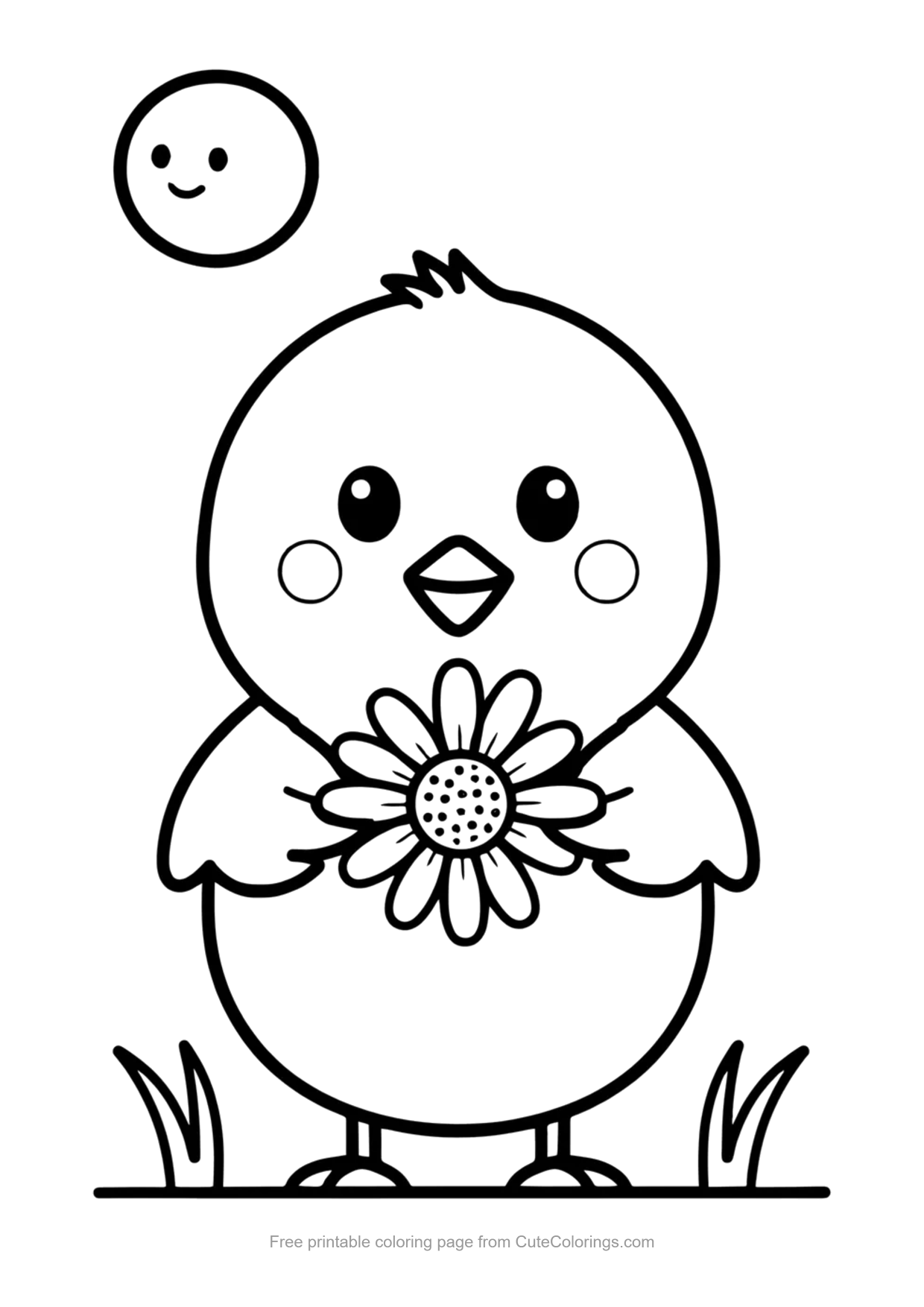 Cute coloring page of a fluffy baby chick holding a big daisy flower