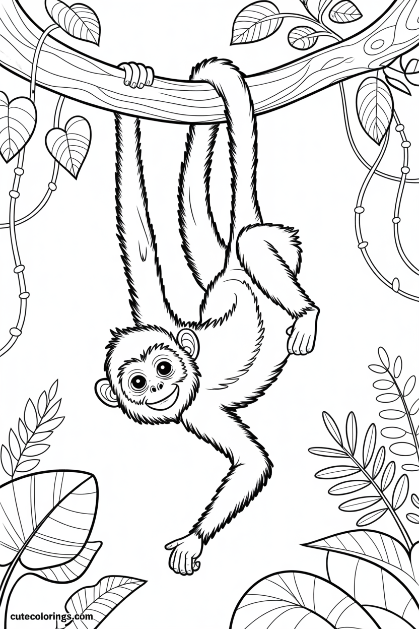 Long-armed monkey hangs freely among tropical leaves