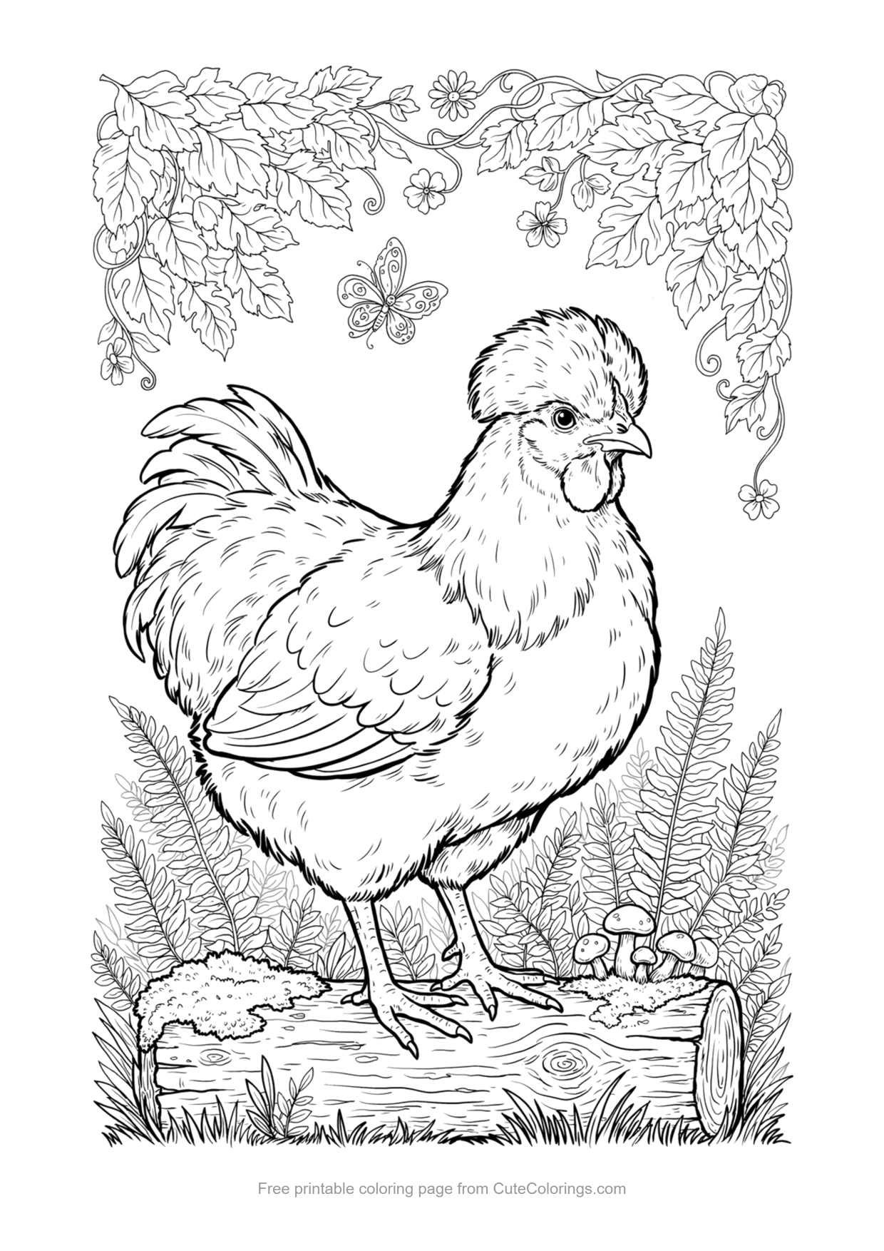 Detailed coloring page of a fluffy Silkie chicken sitting on a mossy log with ferns
