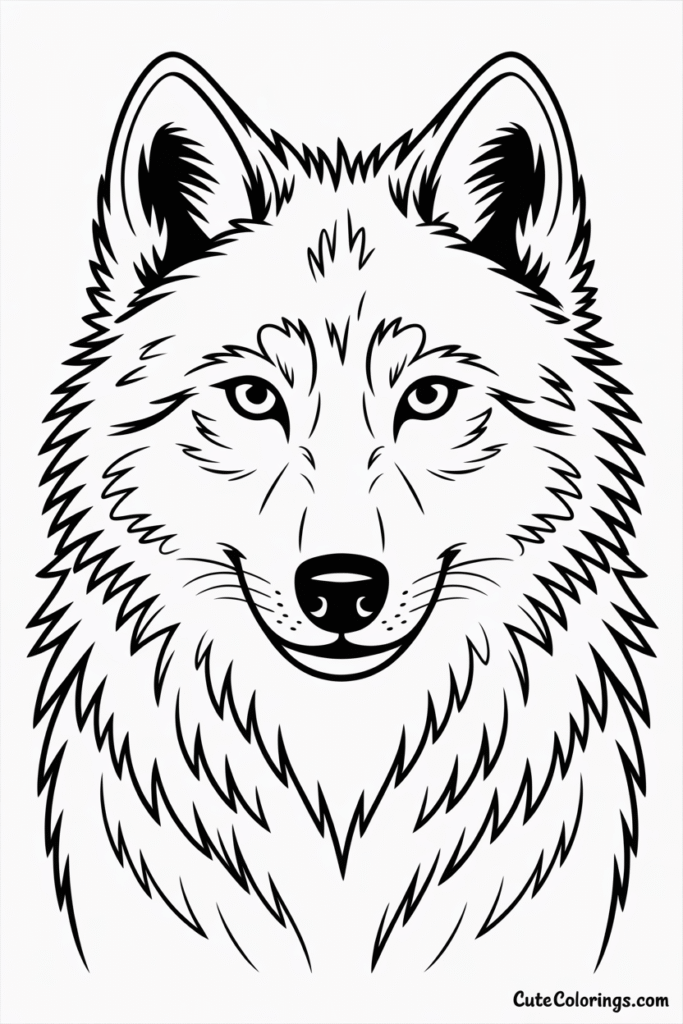 Fluffy Wolf Face Front View Coloring