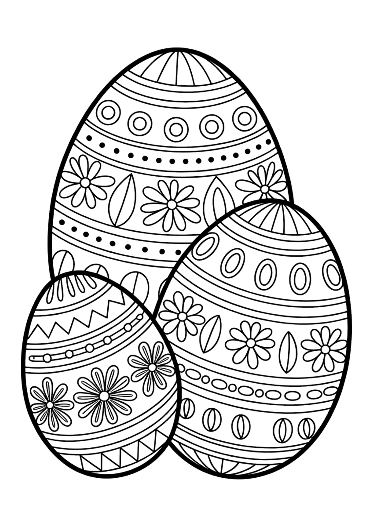 Detailed coloring page of folk-art style decorated Easter eggs
