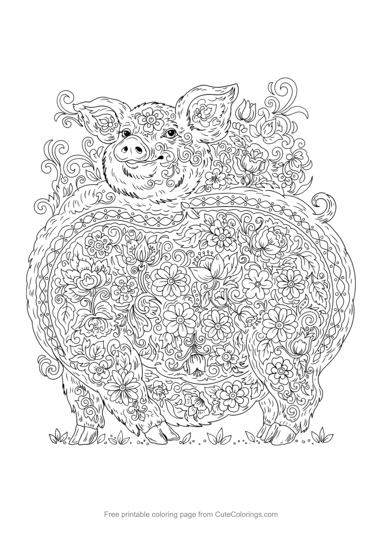 Folk art pig coloring page with floral patterns for adults
