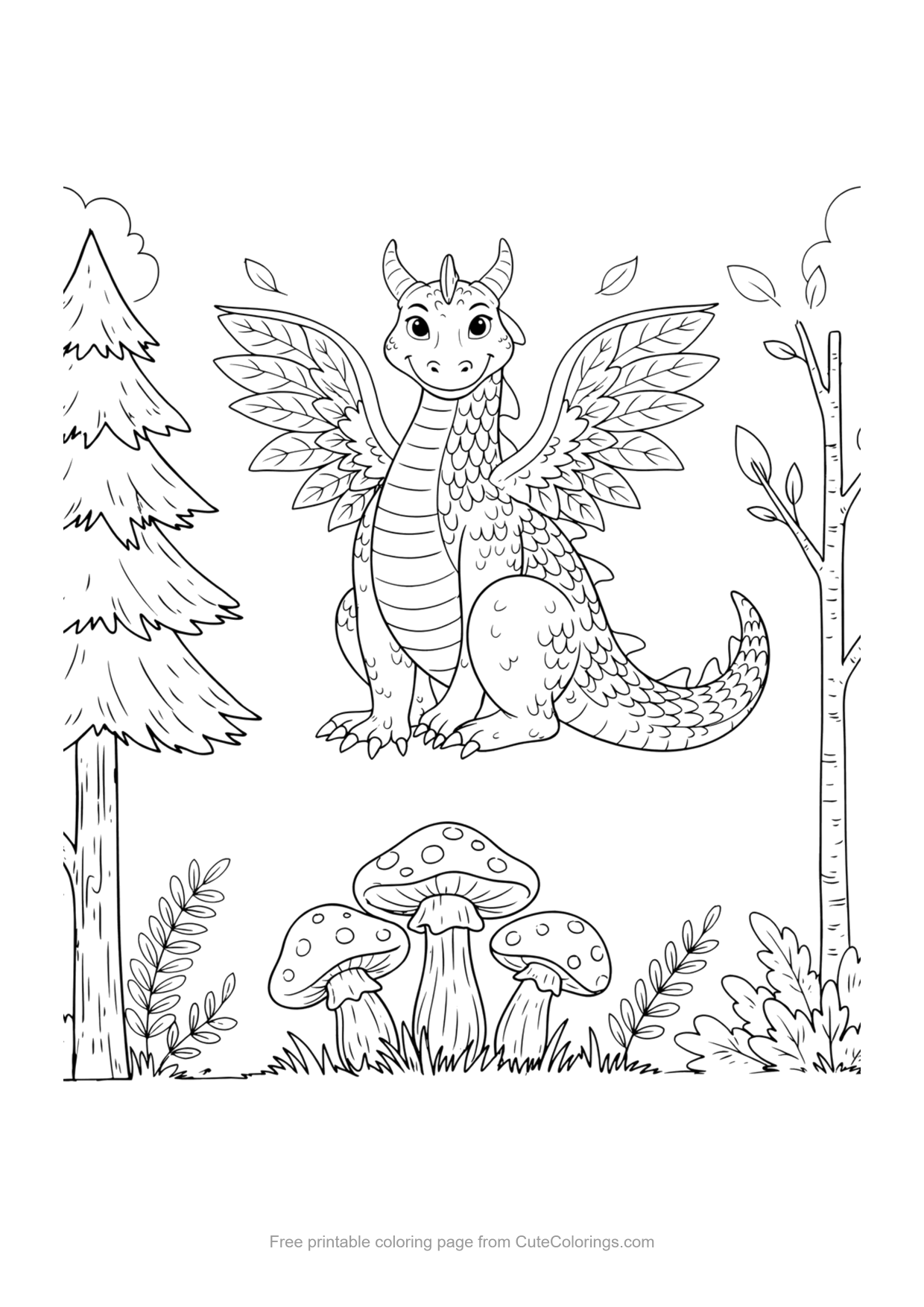 Coloring page of a forest dragon with leaf wings among trees and mushrooms